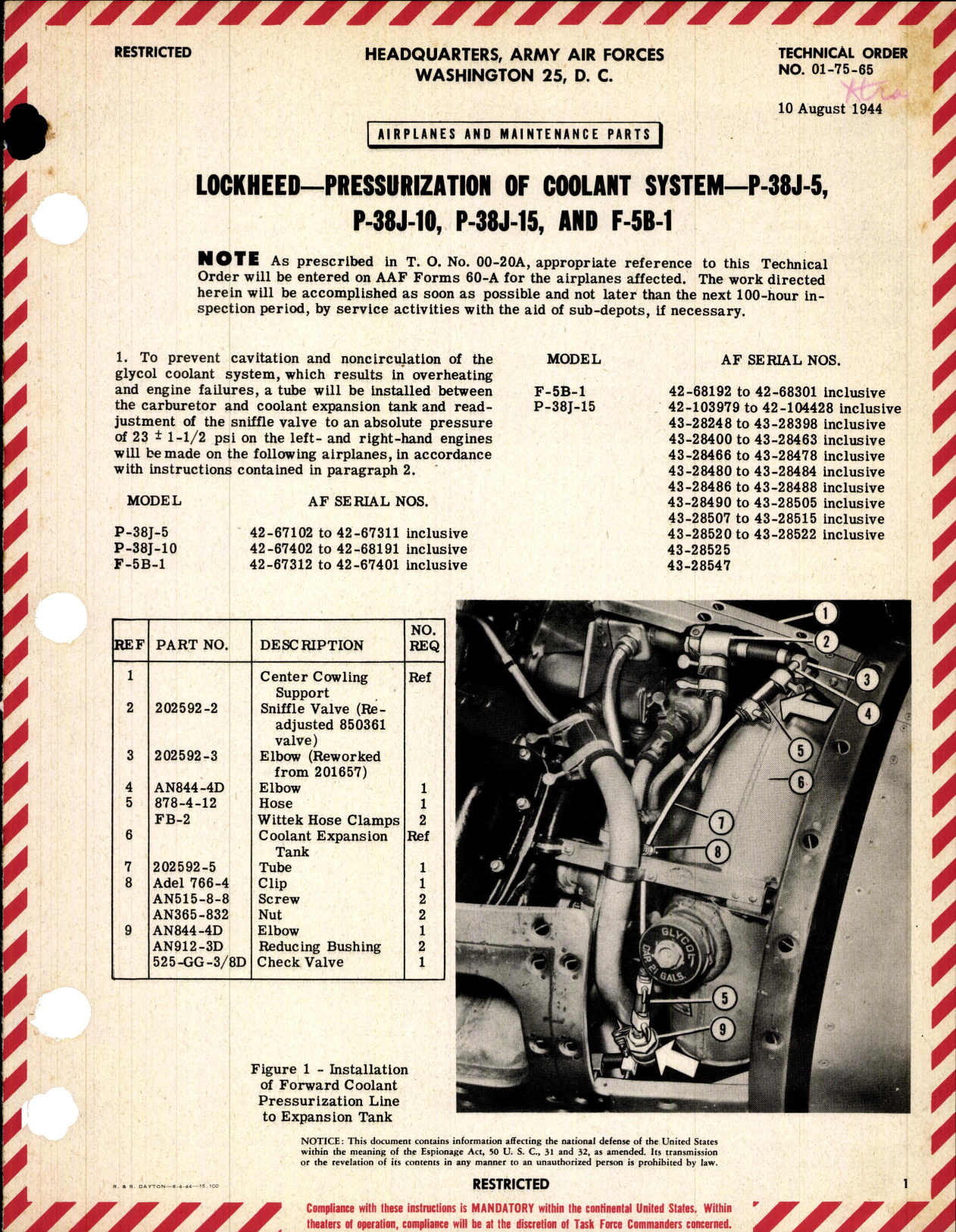 Sample page 1 from AirCorps Library document: Pressurization of Coolant System for P-38J-5, -10, -15, and F-5B-1