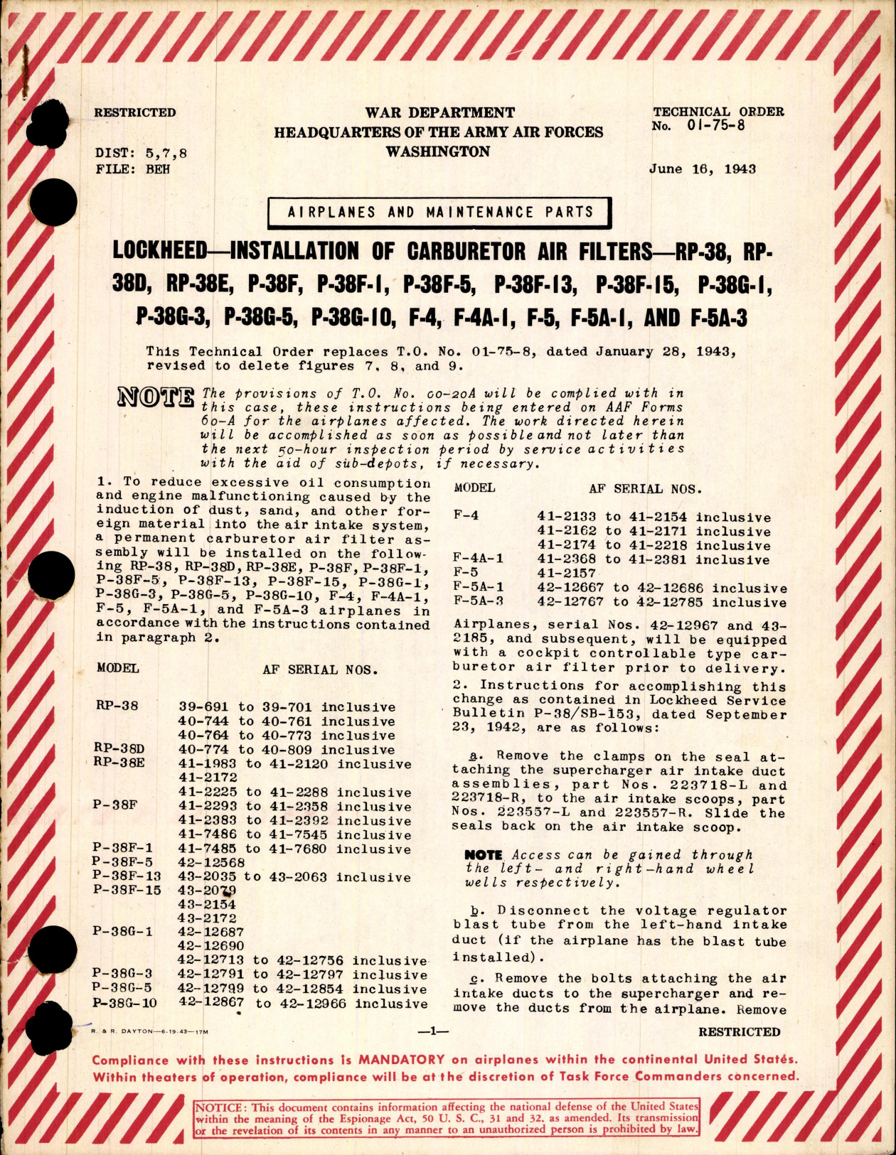 Sample page 1 from AirCorps Library document: Installation of Carburetor Air Filters for P-38 Series