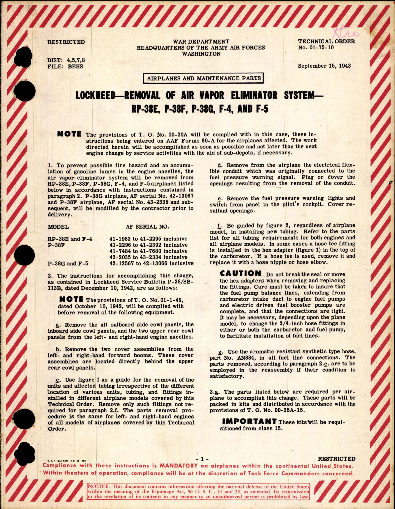 Sample page 1 from AirCorps Library document: Removal of Air Vapor Eliminator System for RP-38E, F, G, F-4 and -5