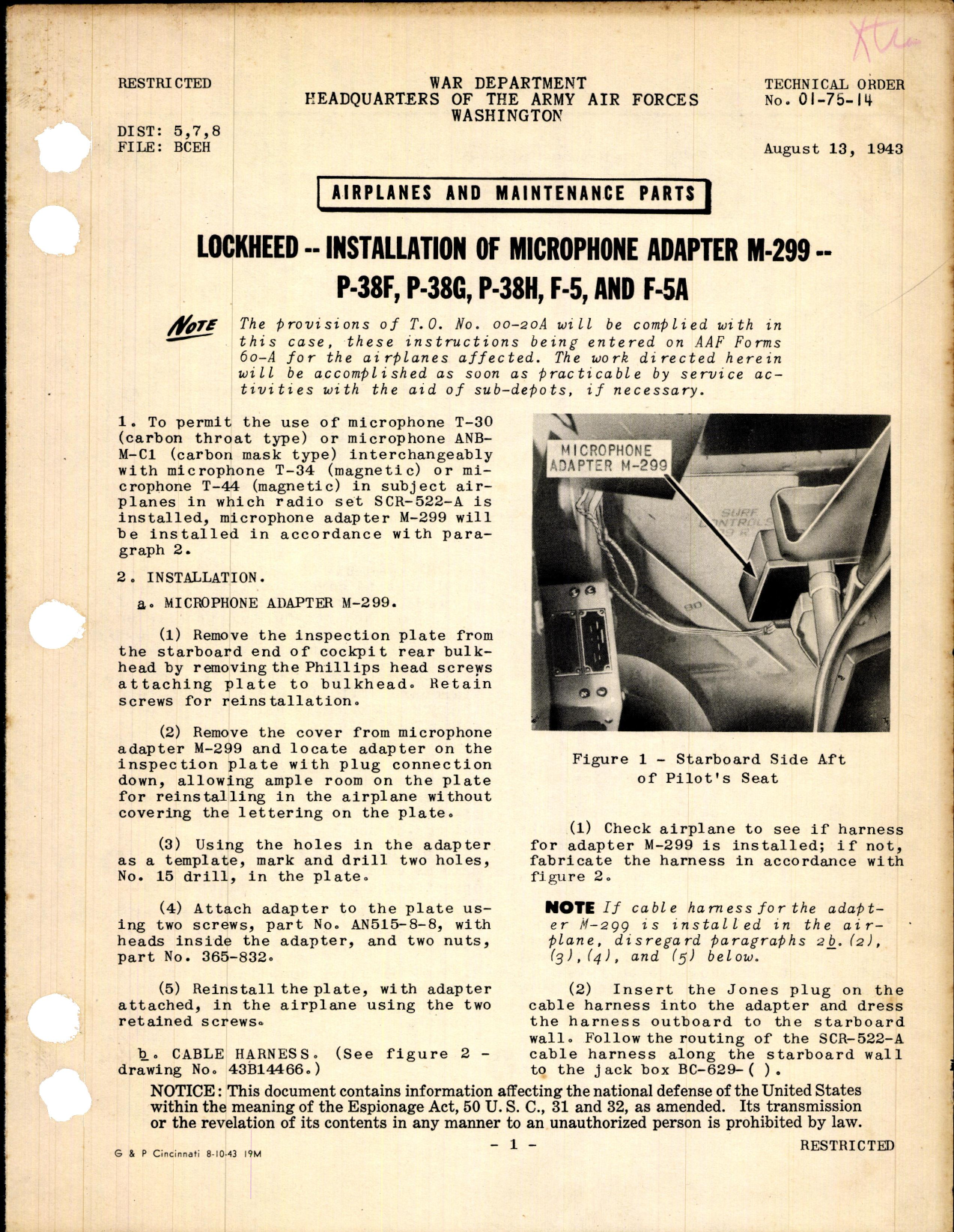 Sample page 1 from AirCorps Library document: Installation of Microphone Adapter M-299 for P-38F, G, H, F-5, and F-5A
