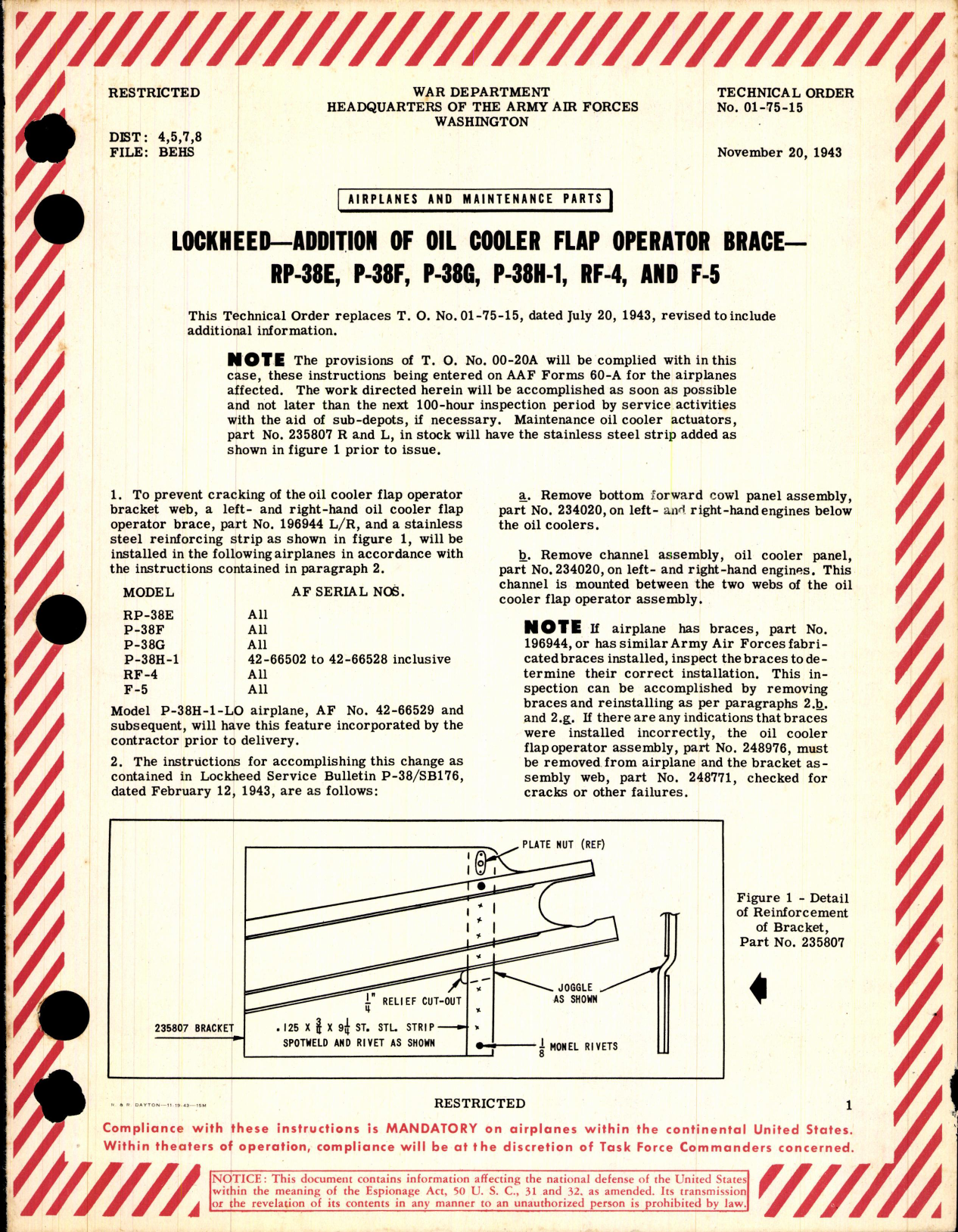 Sample page 1 from AirCorps Library document: Addition of Oil Cooler Flap Operator Brace for RP-38E, F, H-1, RF-4 and F-5