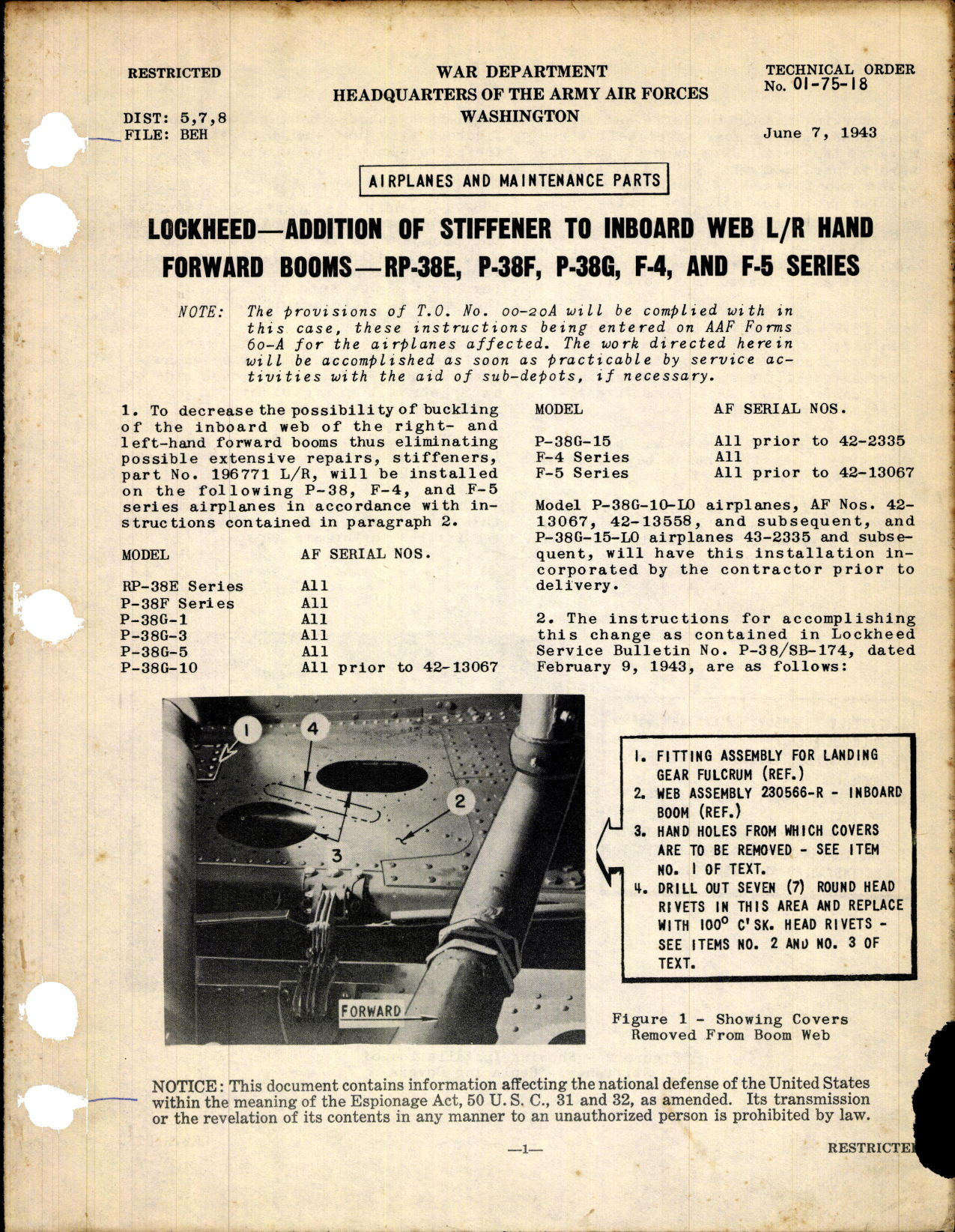 Sample page 1 from AirCorps Library document: Addition of Stiffener to Inboard Web L-R Hand Forward Booms for Rp-38E, F, G, F-4, and F-5 Series