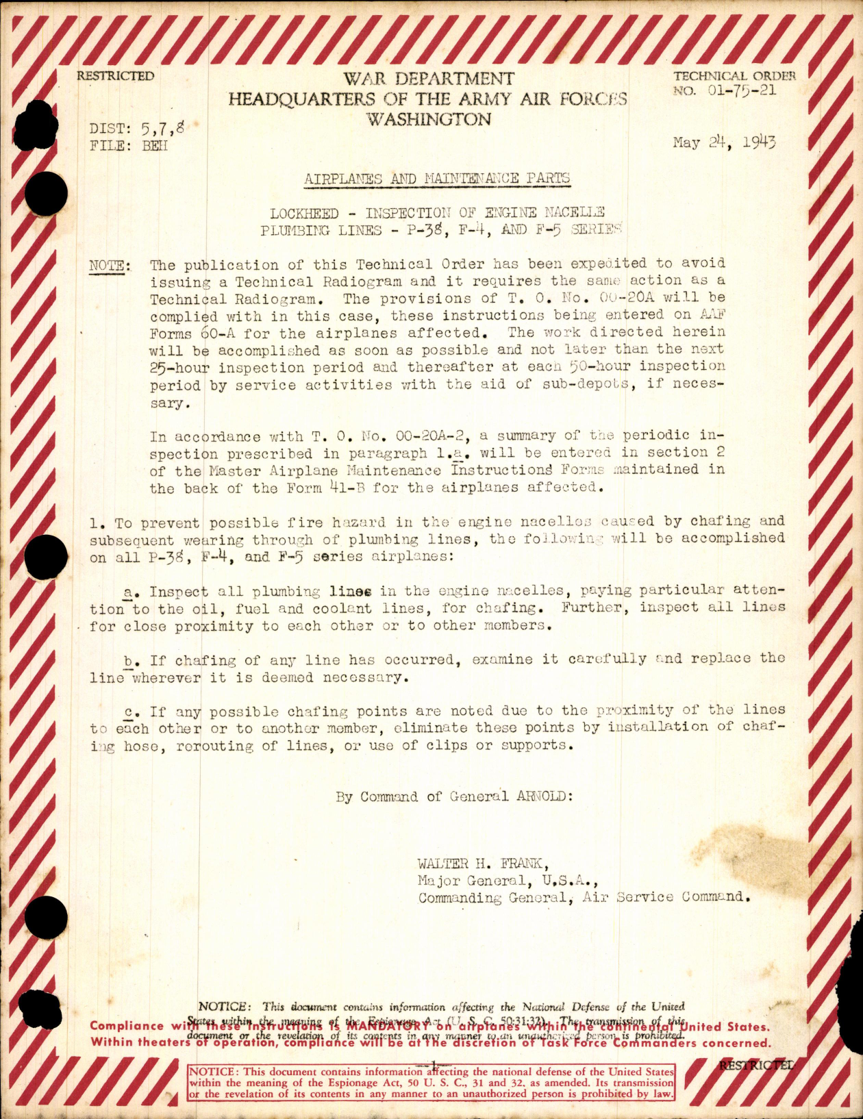 Sample page 1 from AirCorps Library document: Inspection of Engine Nacelle Plumbing Lines for P-38F, F-4, and F-5 Series