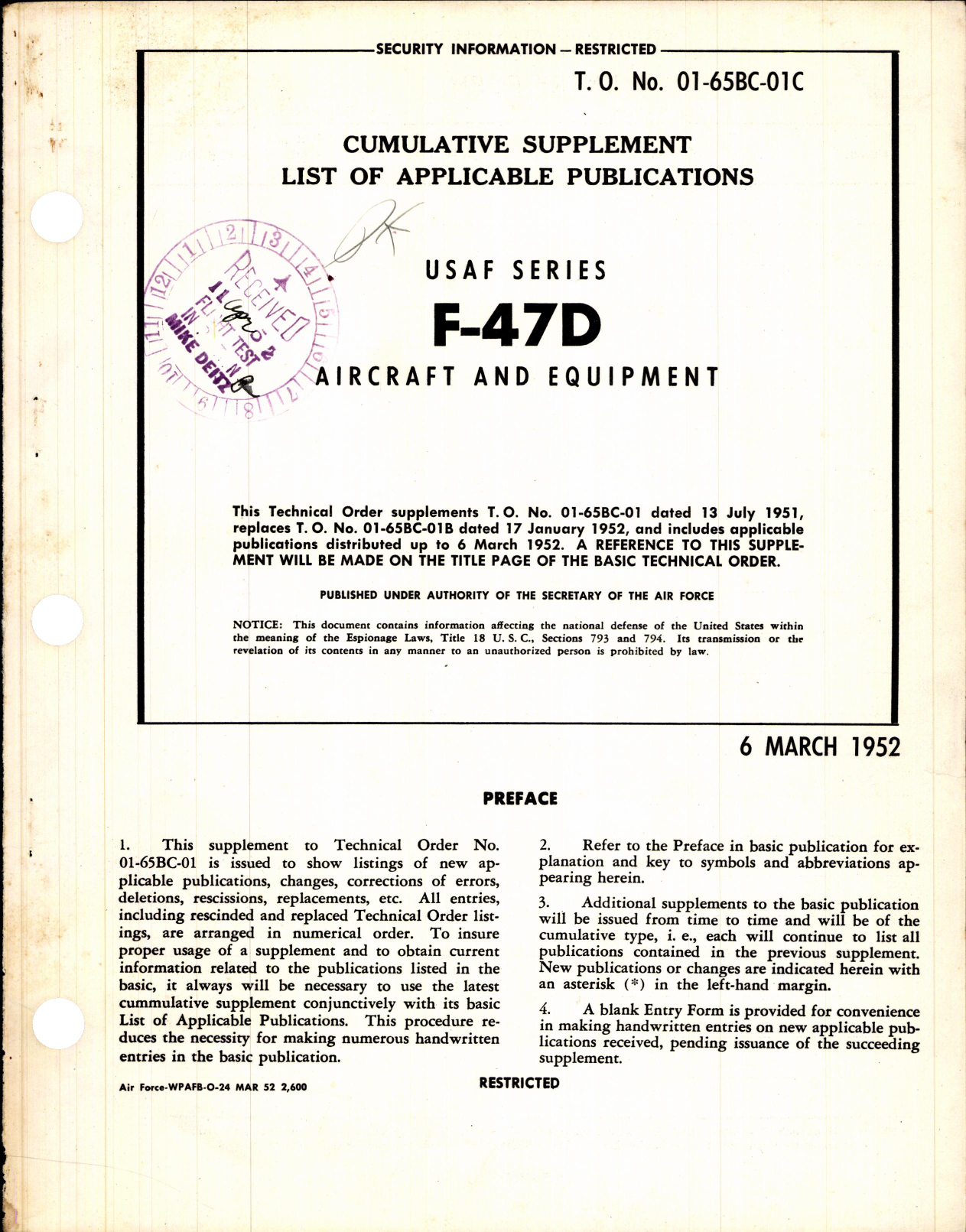 Sample page 1 from AirCorps Library document: Cumulative Supplement List of Applicable Publications for F-47D Aircraft and Equipment