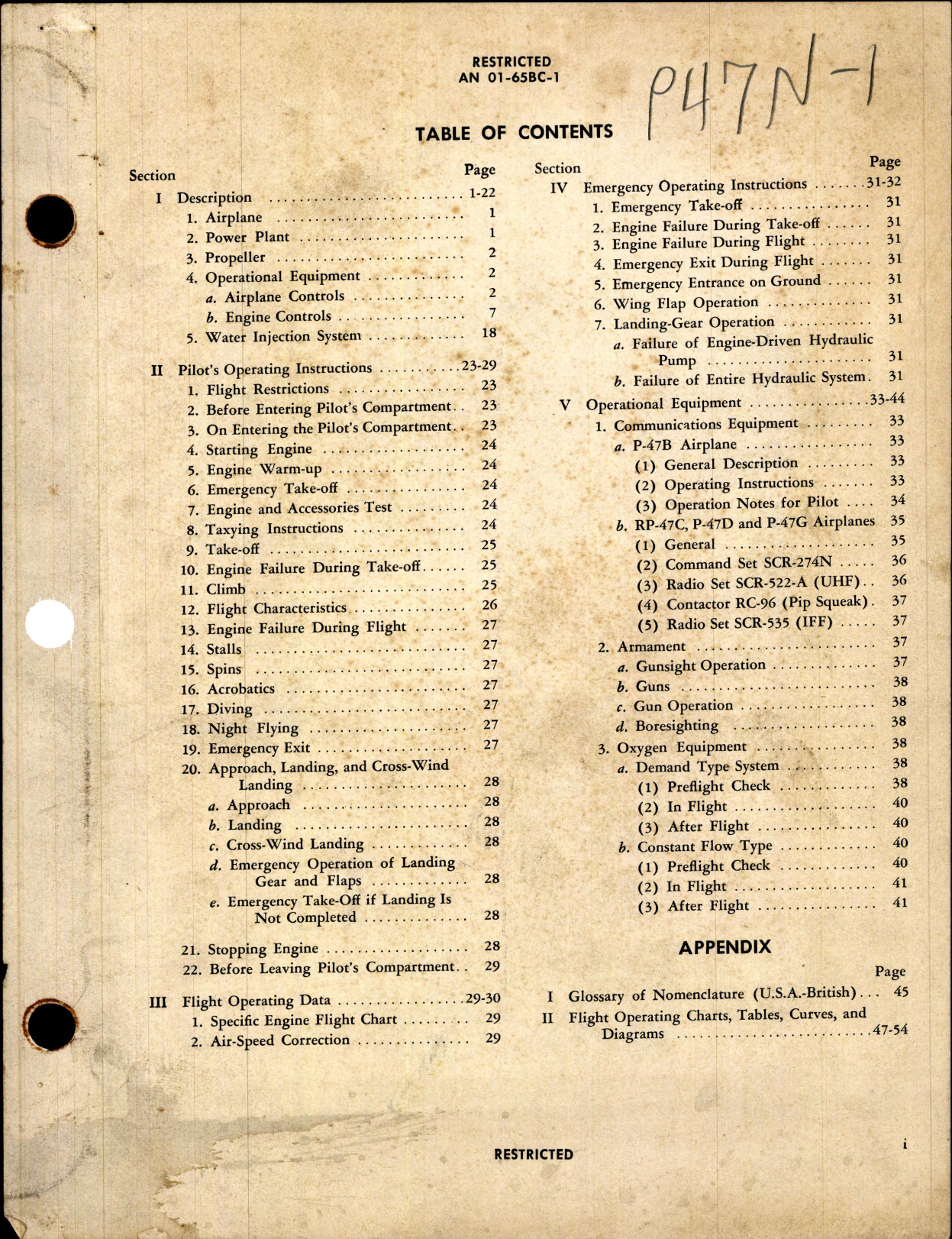 Sample page 1 from AirCorps Library document: Pilot's Flight Operating Instructions for RP-47B, C, P-47G, P-47D-1 thru -23