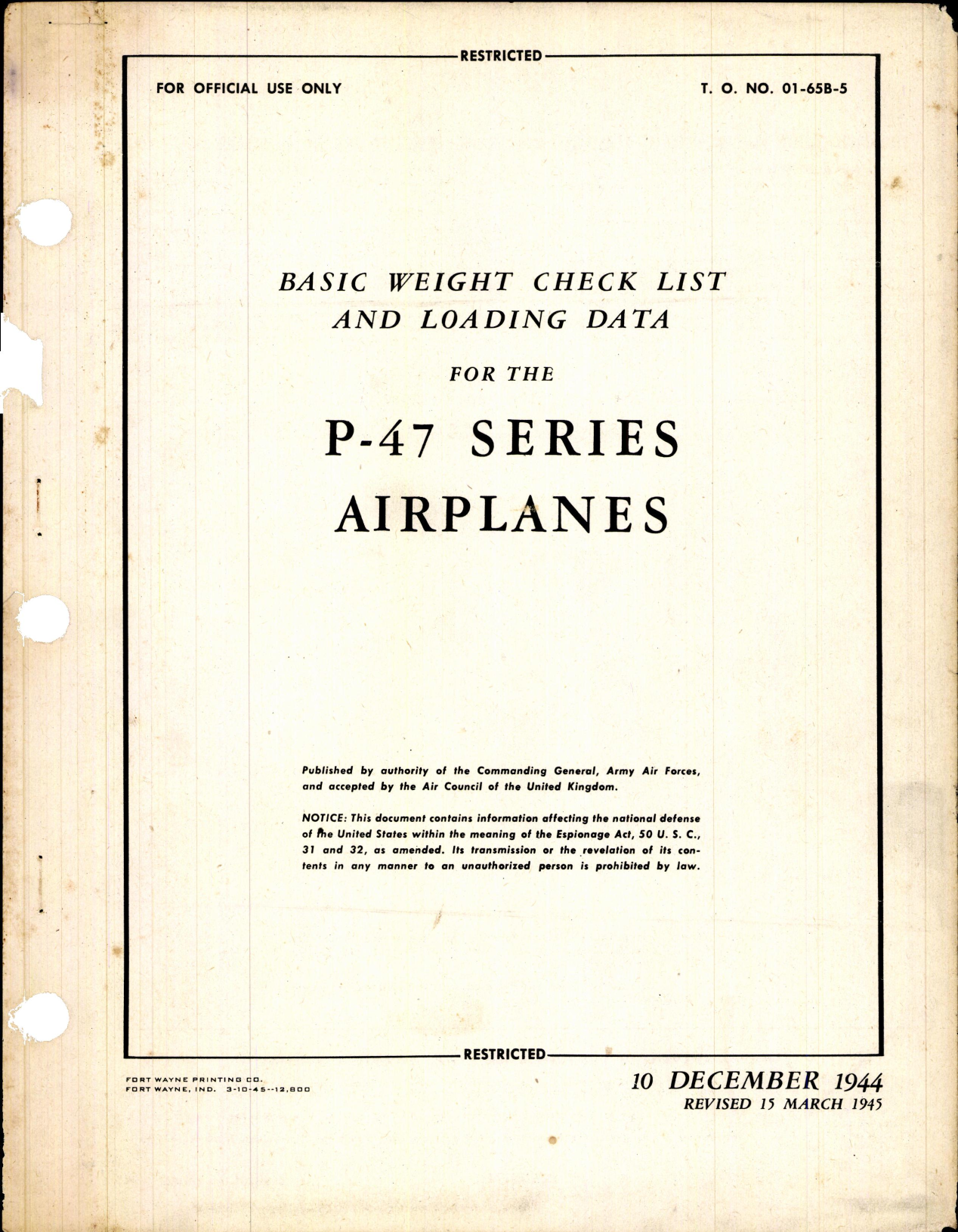 Sample page 1 from AirCorps Library document: Basic Weight Check List and Loading Data for the P-47 Series Airplanes