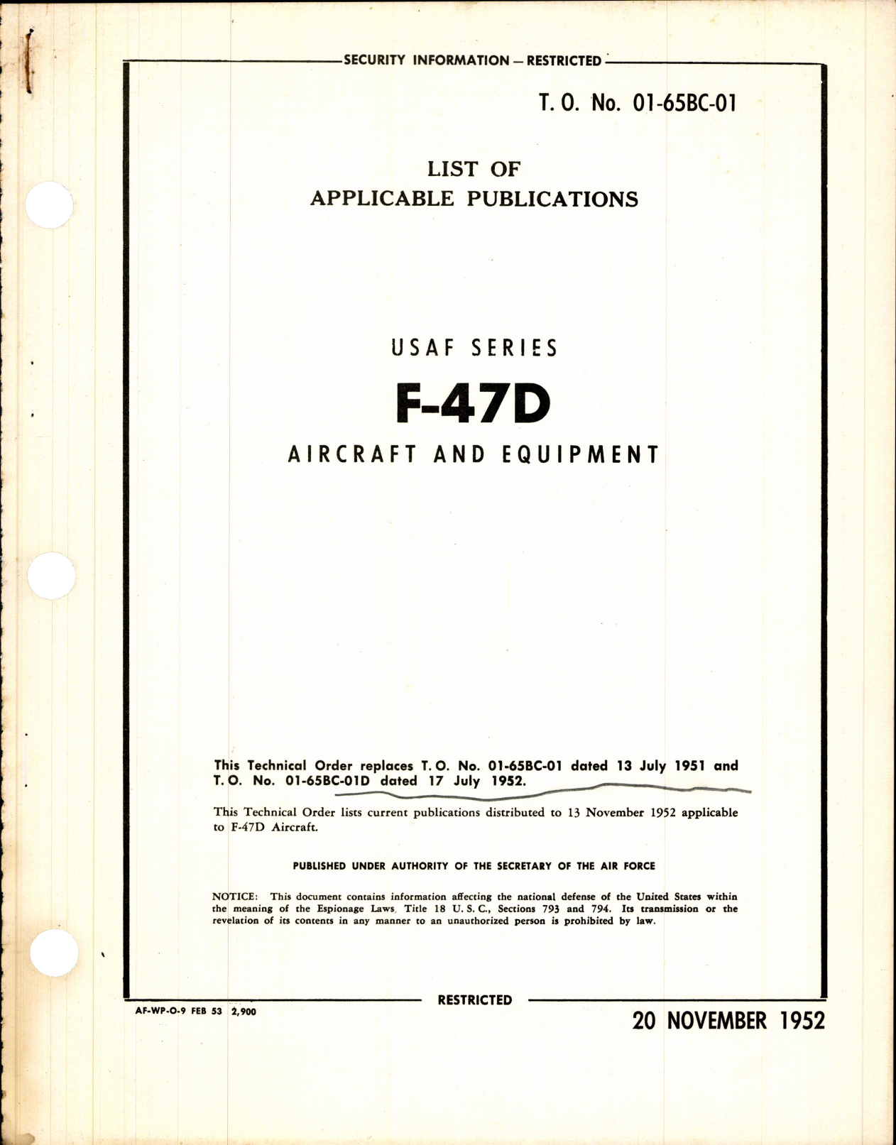 Sample page 1 from AirCorps Library document: List of Applicable Publications for F-47D Aircraft and Equipment