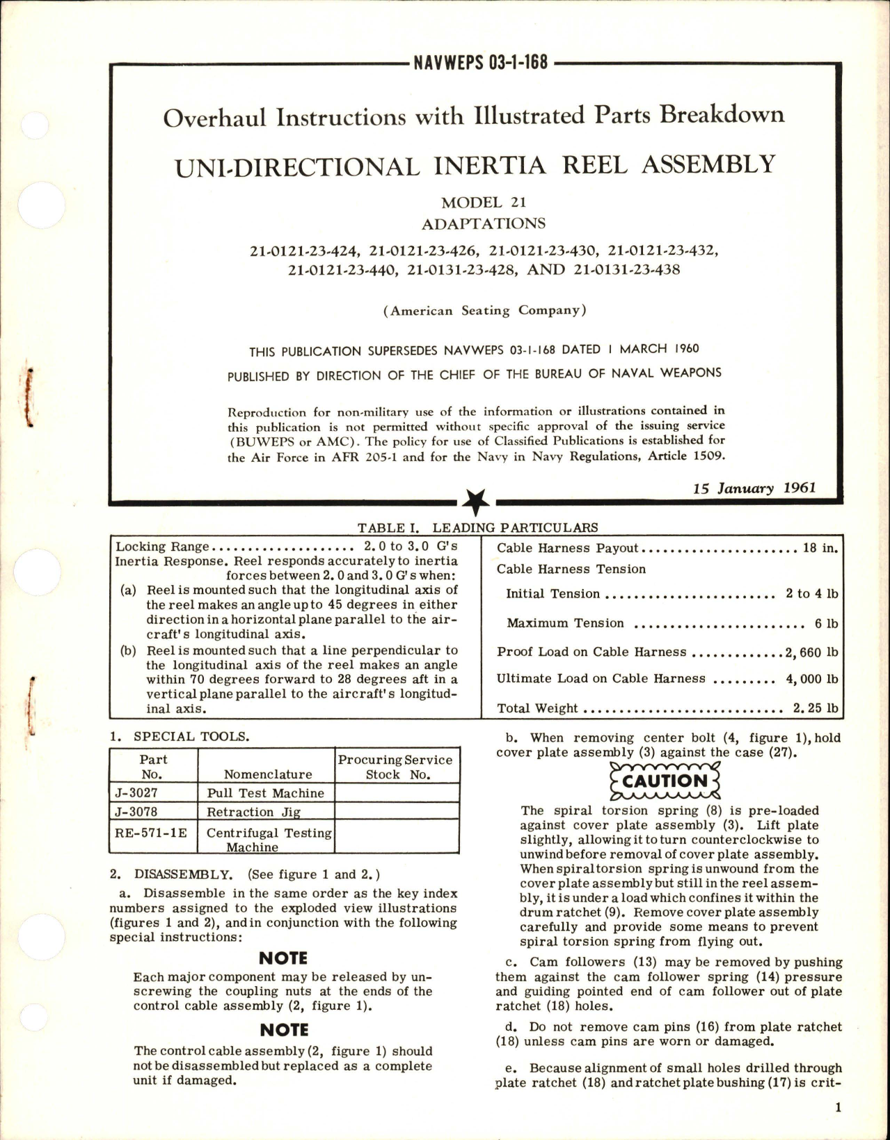 Sample page 1 from AirCorps Library document: Overhaul Instructions with Illustrated Parts Breakdown for Uni-Directional Inertia Reel Assembly - Model 21