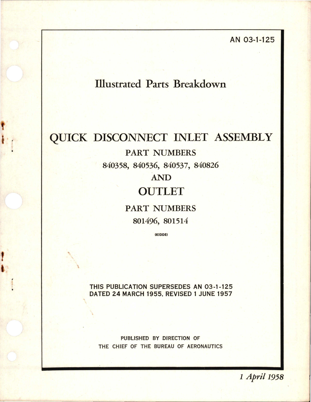 Sample page 1 from AirCorps Library document: Illustrated Parts Breakdown for Quick Disconnect Inlet Assembly and Outlet 