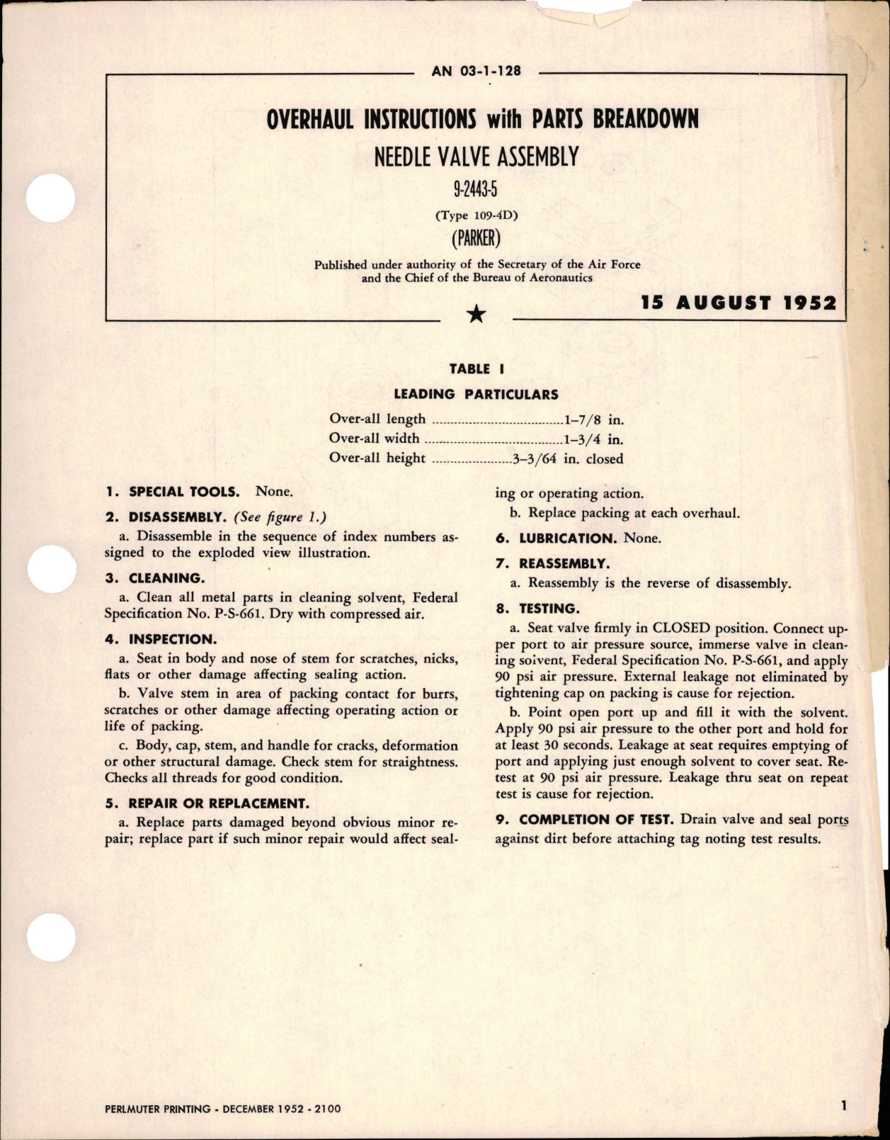 Sample page 1 from AirCorps Library document: Overhaul Instructions with Parts Breakdown for Needle Valve Assembly - 9-2443-5 - Type 109-4D