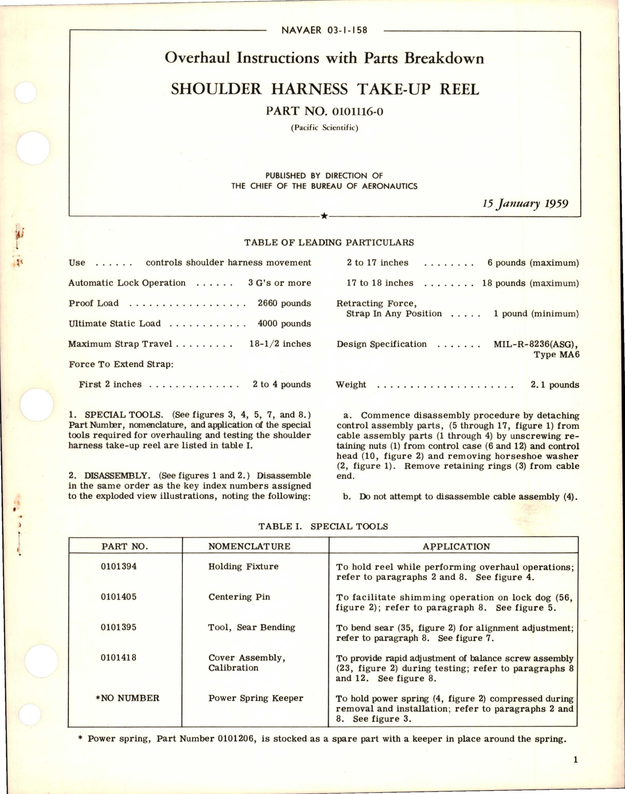 Sample page 1 from AirCorps Library document: Overhaul Instructions with Parts Breakdown for Shoulder Harness Take-Up Reel - Part 0101116-0