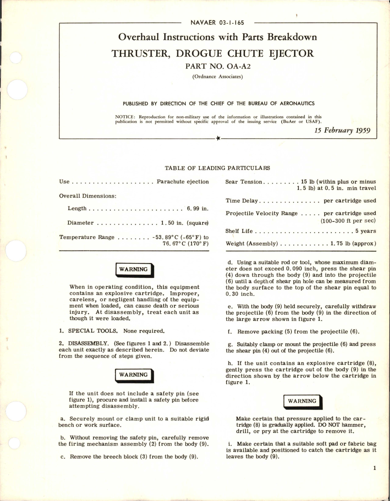 Sample page 1 from AirCorps Library document: Overhaul Instructions with Parts Breakdown for Drogue Chute Ejector Thruster - Part OA-A2