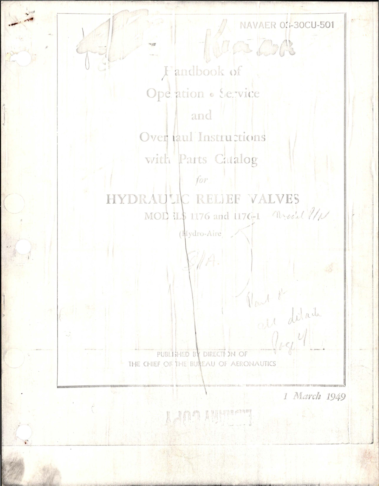 Sample page 1 from AirCorps Library document: Operation, Service and Overhaul Instructions with Parts Catalog for Hydraulic Relief Valves - Models 1176 and 1176-1