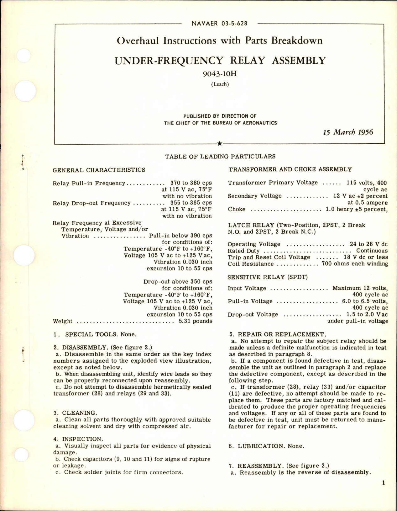 Sample page 1 from AirCorps Library document: Overhaul Instructions with Parts Breakdown for Under-Frequency Relay - 9043-10H