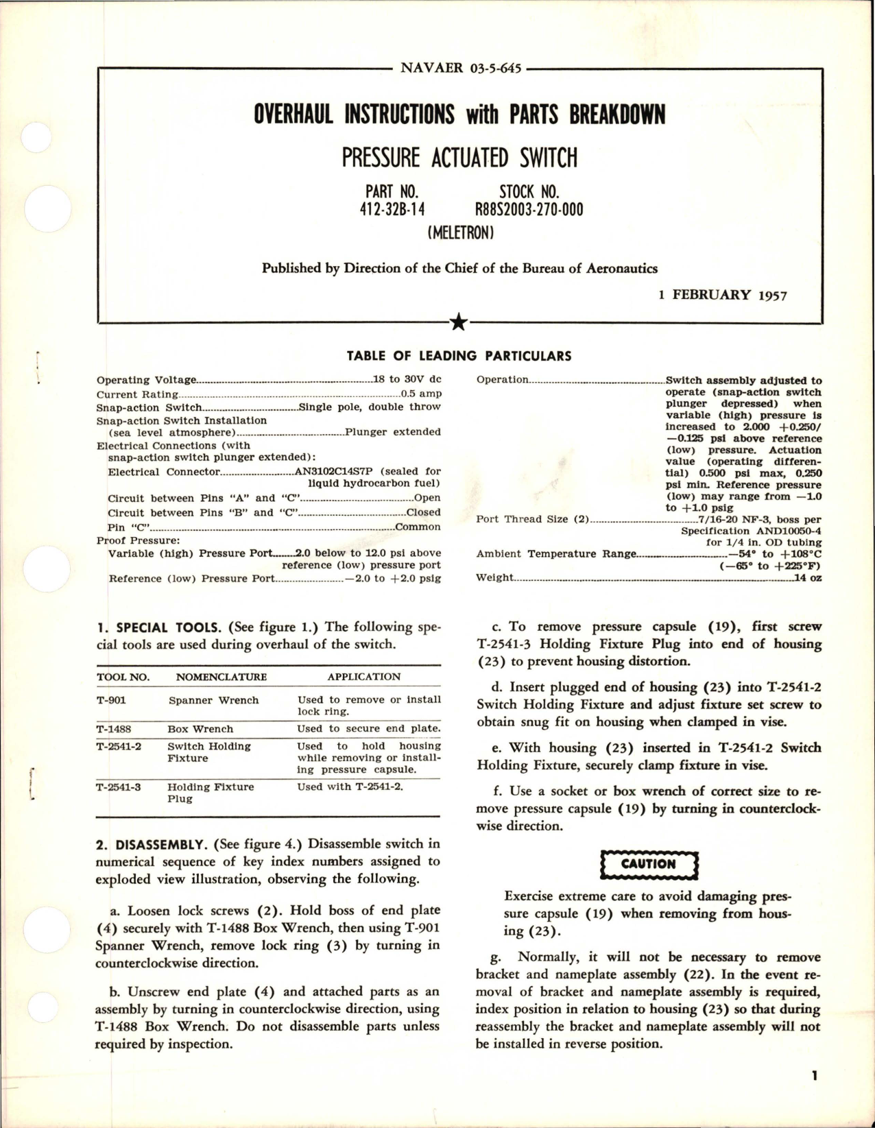 Sample page 1 from AirCorps Library document: Overhaul Instructions with Parts Breakdown for Pressure Actuated Switch - Part 412-32B-14