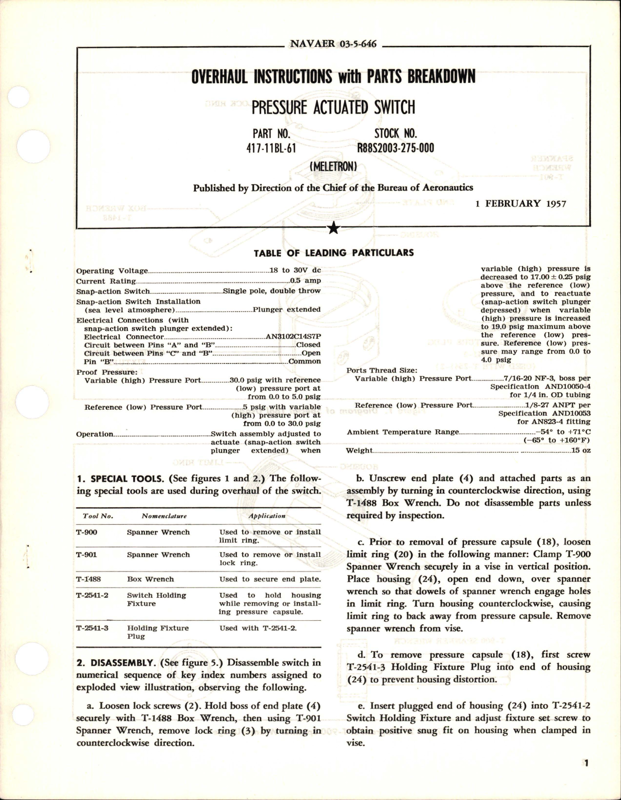 Sample page 1 from AirCorps Library document: Overhaul Instructions with Parts Breakdown for Pressure Actuated Switch - Part 417-11BL-61