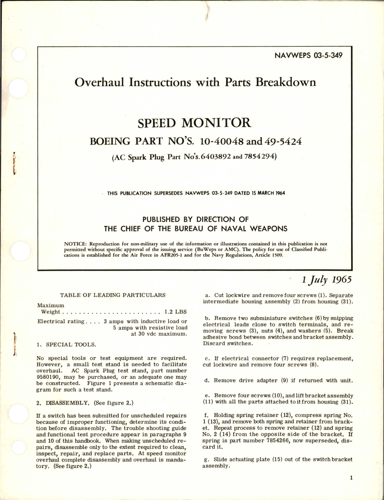Sample page 1 from AirCorps Library document: Overhaul Instructions with Parts Breakdown for Speed Monitor 