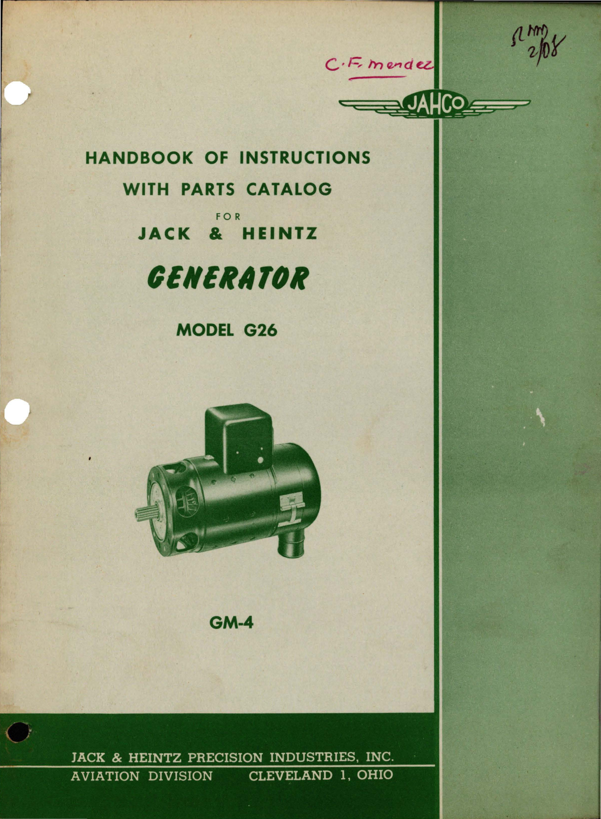 Sample page 1 from AirCorps Library document: Instructions with Parts Catalog for Generator - Model G26