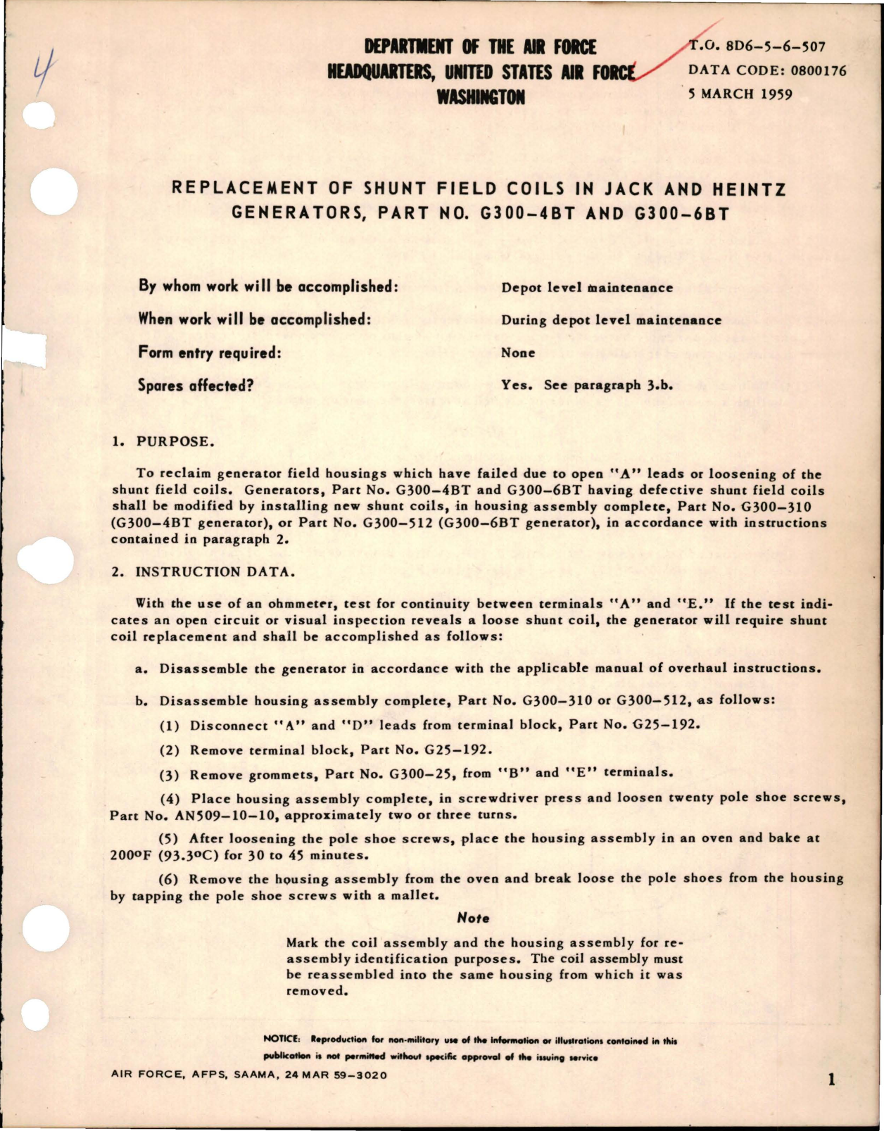 Sample page 1 from AirCorps Library document: Replacement of Shunt Field Coils in Generators - Part G300-4BT and G300-6BT 