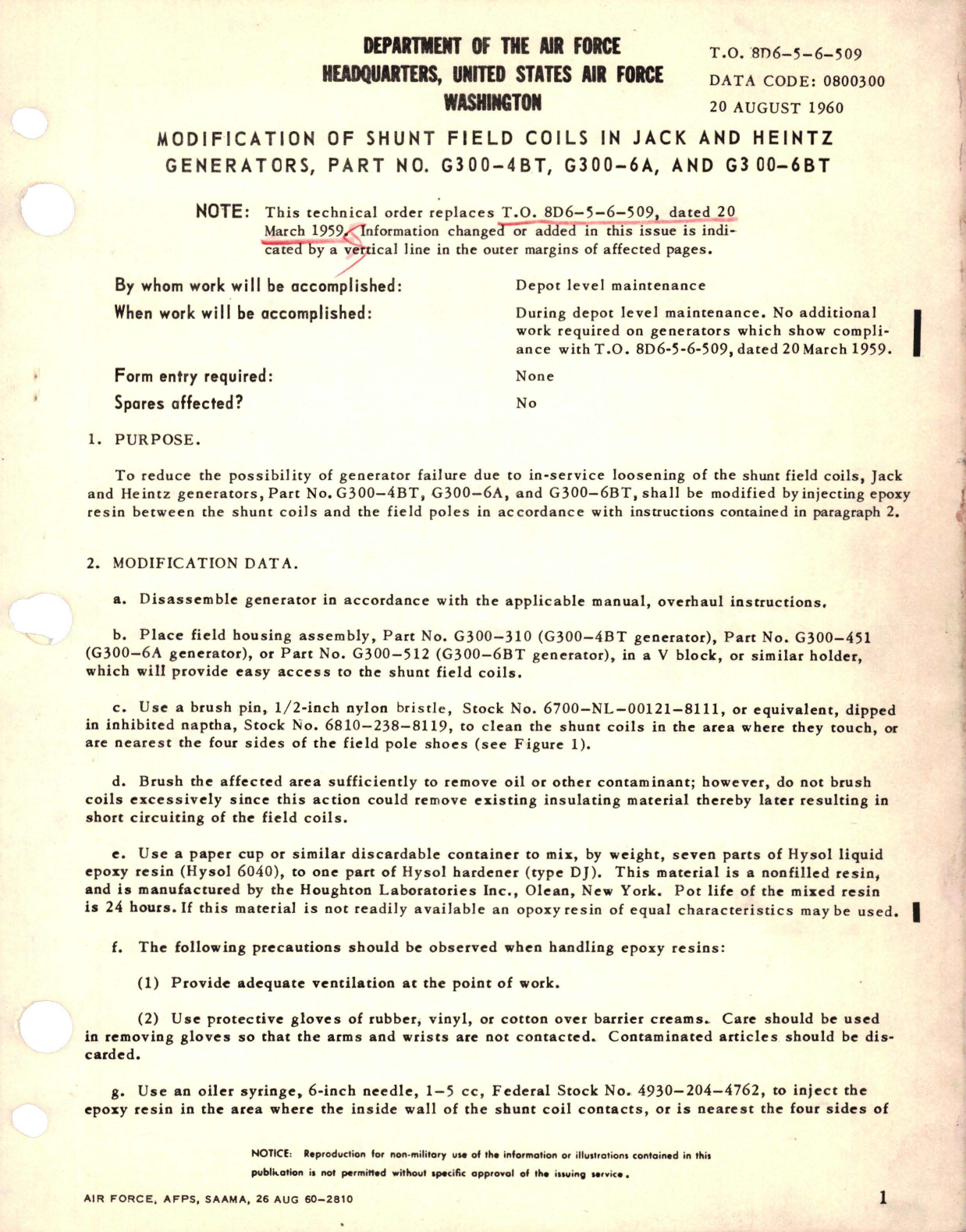 Sample page 1 from AirCorps Library document: Modification of Shunt Field Coils in Generators - Parts G300-4BT and G300-6BT