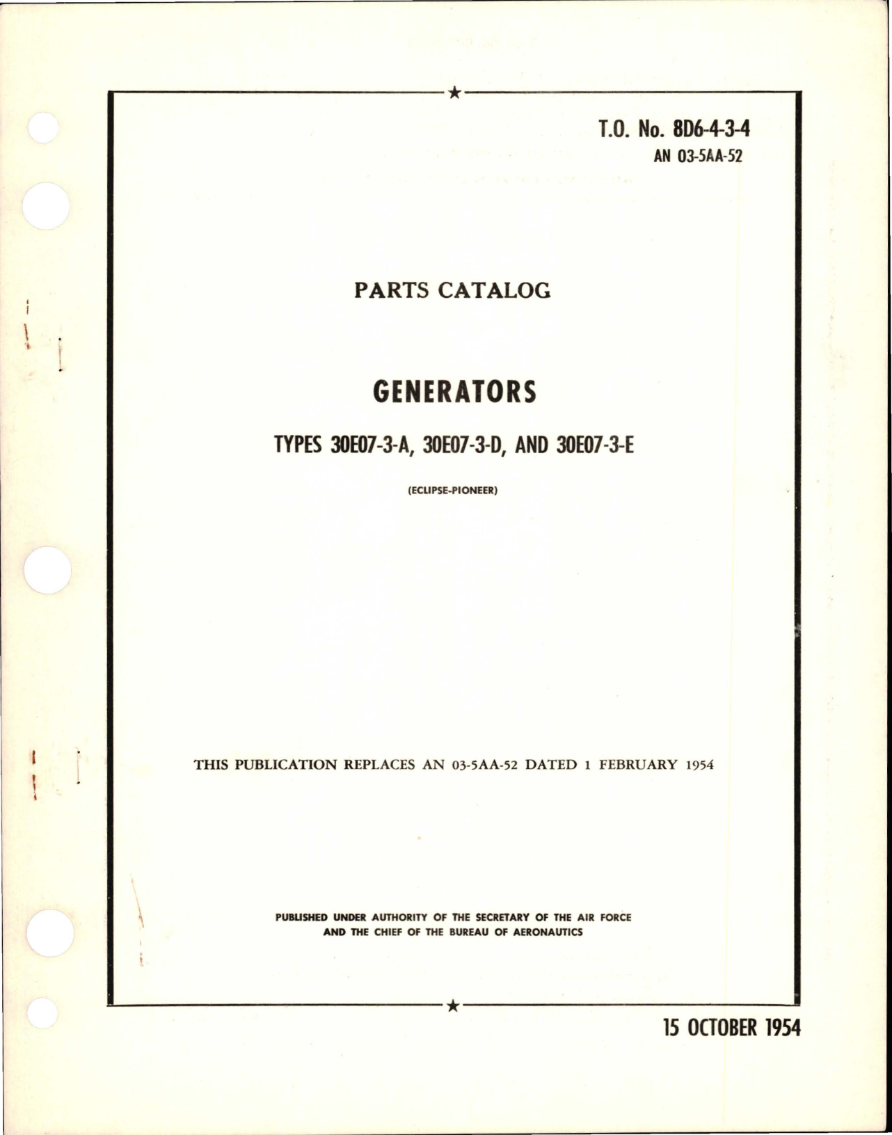 Sample page 1 from AirCorps Library document: Parts Catalog for Generators - Types 30E07-3-A, 30E07-3-D and 30E07-3-E