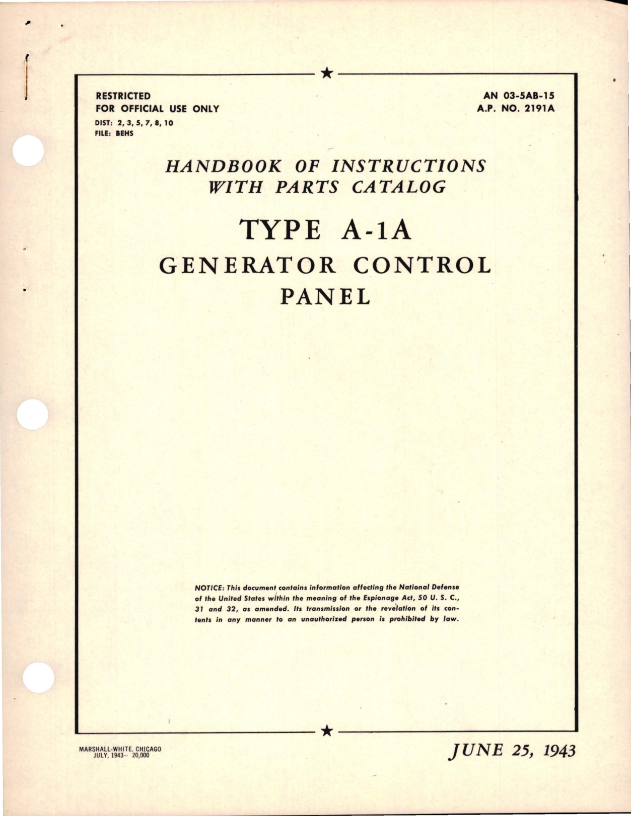 Sample page 1 from AirCorps Library document: Instructions with Parts Catalog for Generator Control Panel - Type A-1A