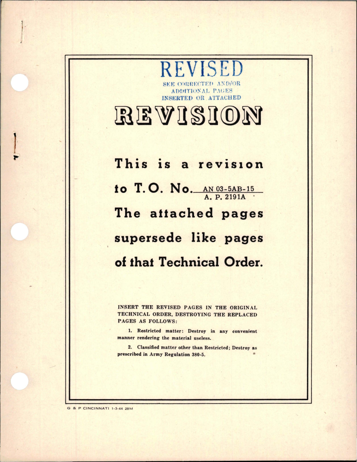 Sample page 1 from AirCorps Library document: REVISION to Instructions with Parts Catalog for Generator Control Panel - Type A-1A