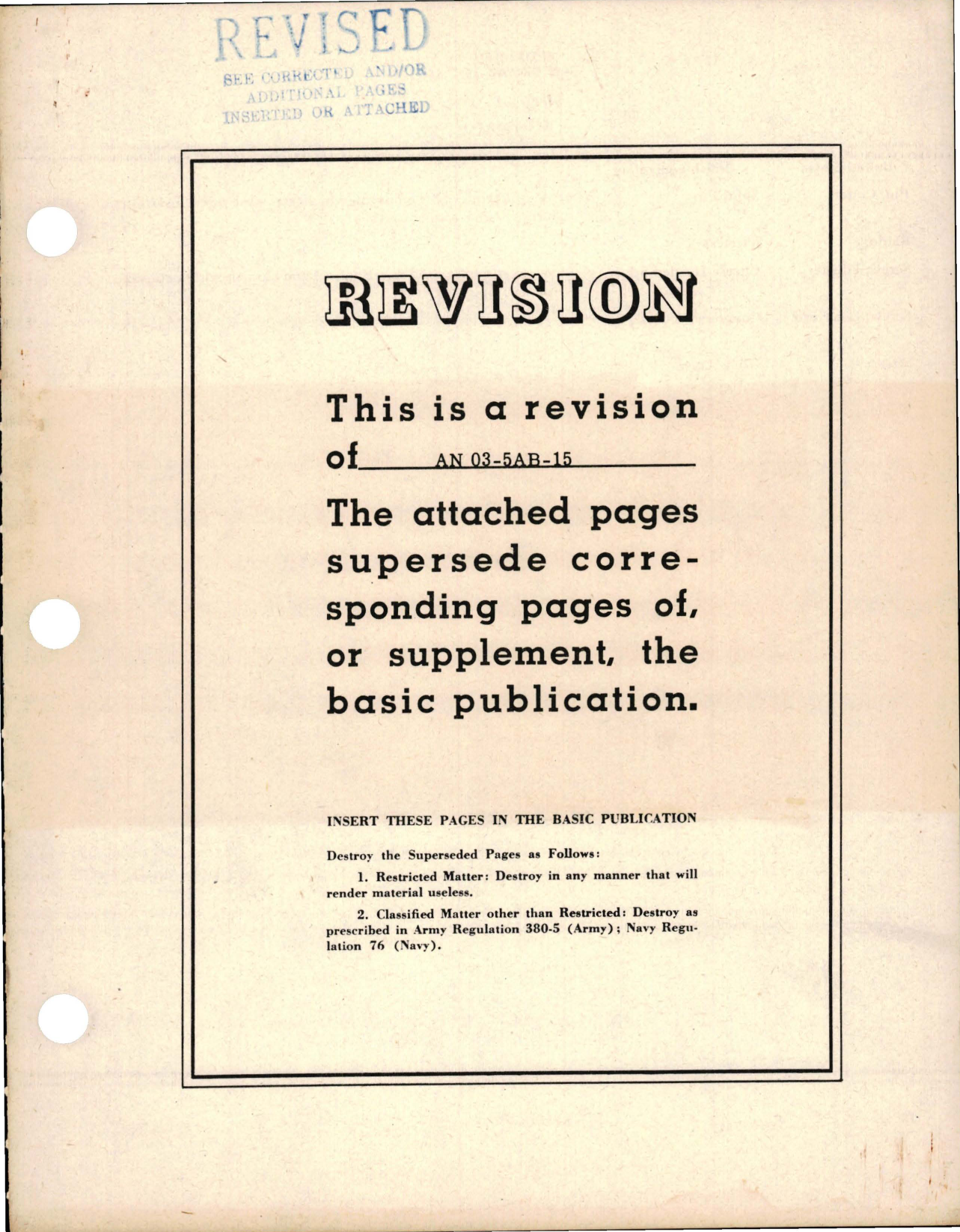 Sample page 1 from AirCorps Library document: REVISION to Instructions with Parts Catalog for Generator Control Panel - Type A-1A