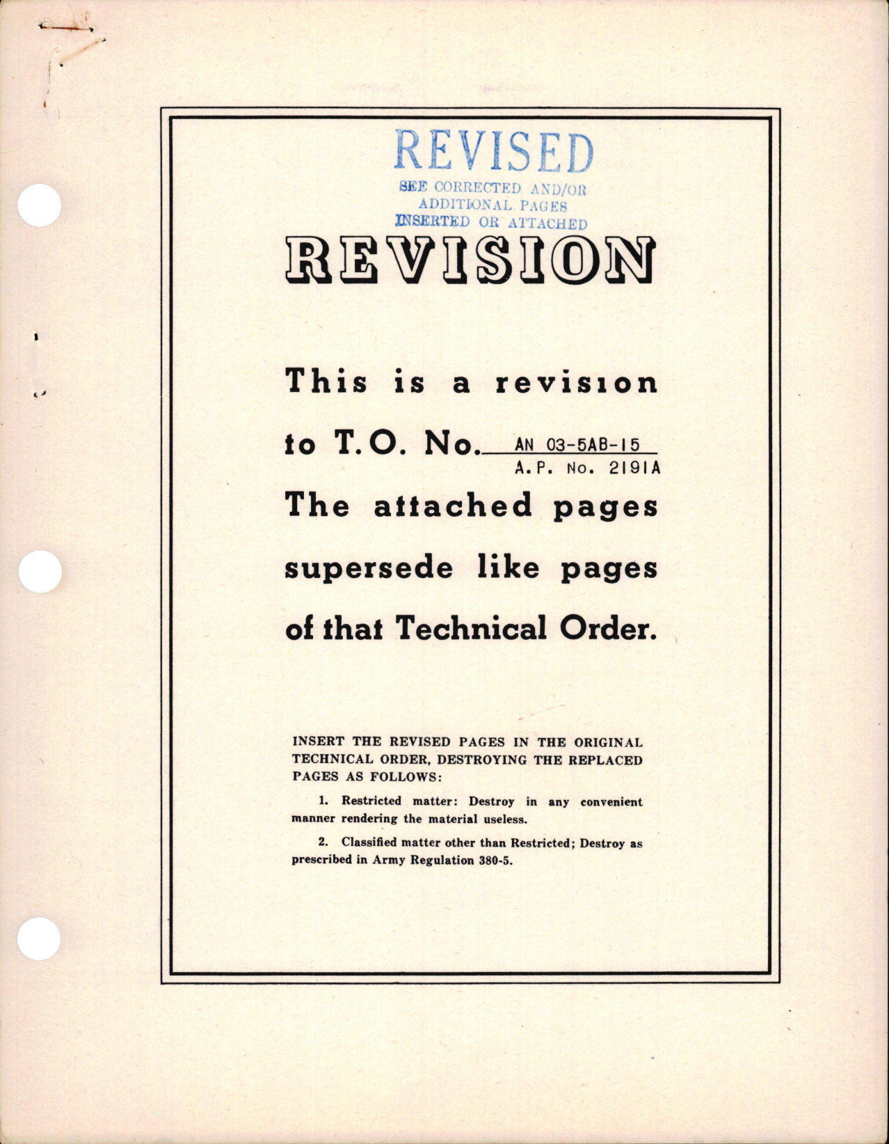 Sample page 1 from AirCorps Library document: REVISION to Instructions with Parts Catalog for Generator Control Panel - Type A-1A