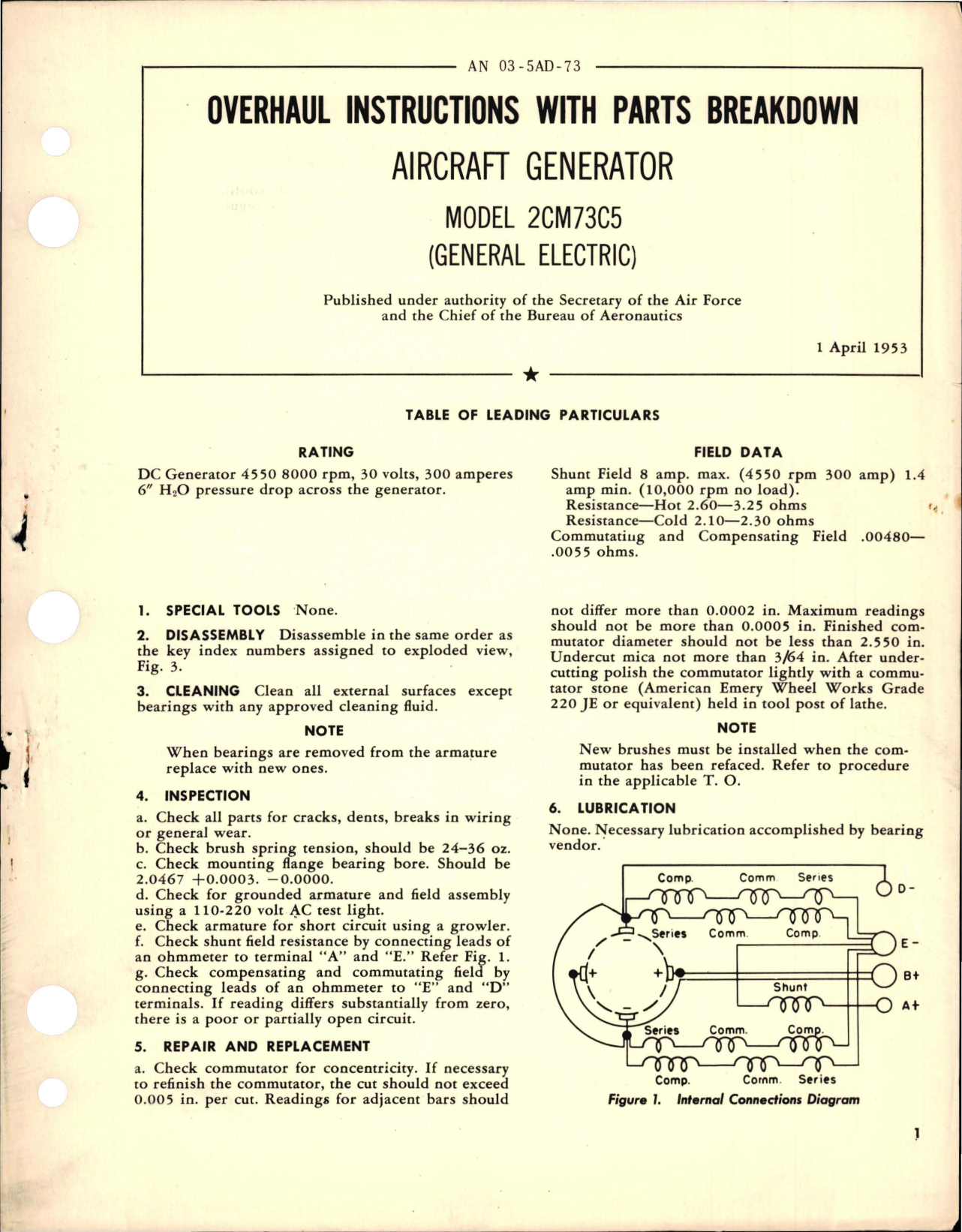 Sample page 1 from AirCorps Library document: Overhaul Instructions with Parts Breakdown for Aircraft Generator - Model 2CM73C5