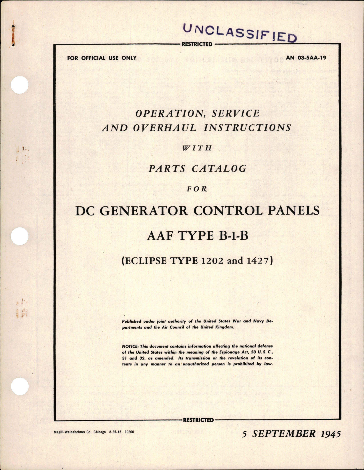 Sample page 1 from AirCorps Library document: Operation, Service and Overhaul Instructions with Parts Catalog for DC Generator Control Panels - AAF Type B-1-B - Eclipse Type 1202 and 1427