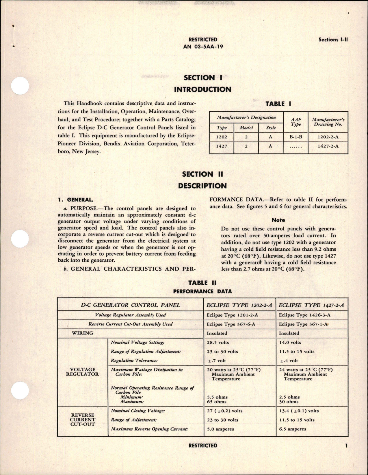 Sample page 5 from AirCorps Library document: Operation, Service and Overhaul Instructions with Parts Catalog for DC Generator Control Panels - AAF Type B-1-B - Eclipse Type 1202 and 1427