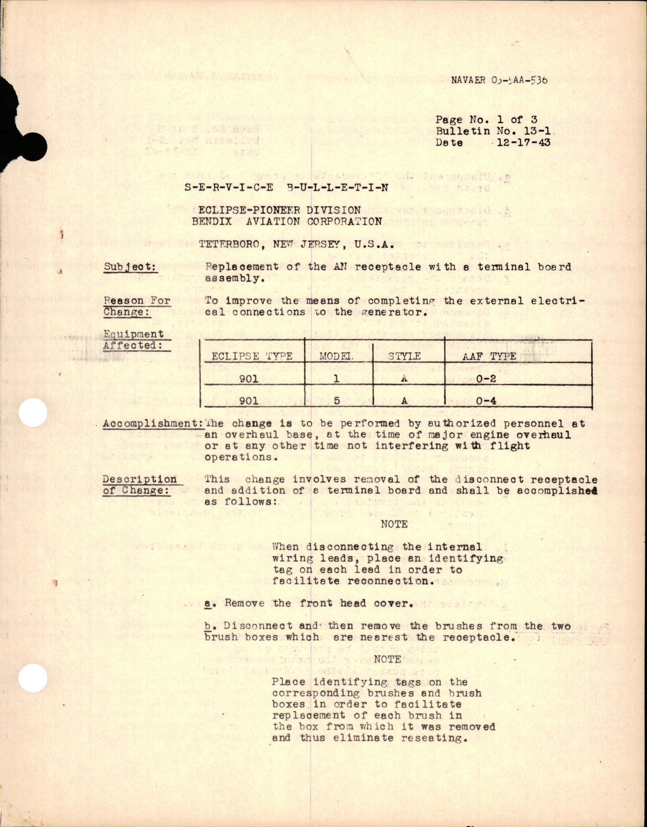 Sample page 1 from AirCorps Library document: Replacement of the AN Receptacle with a Terminal Board Assembly