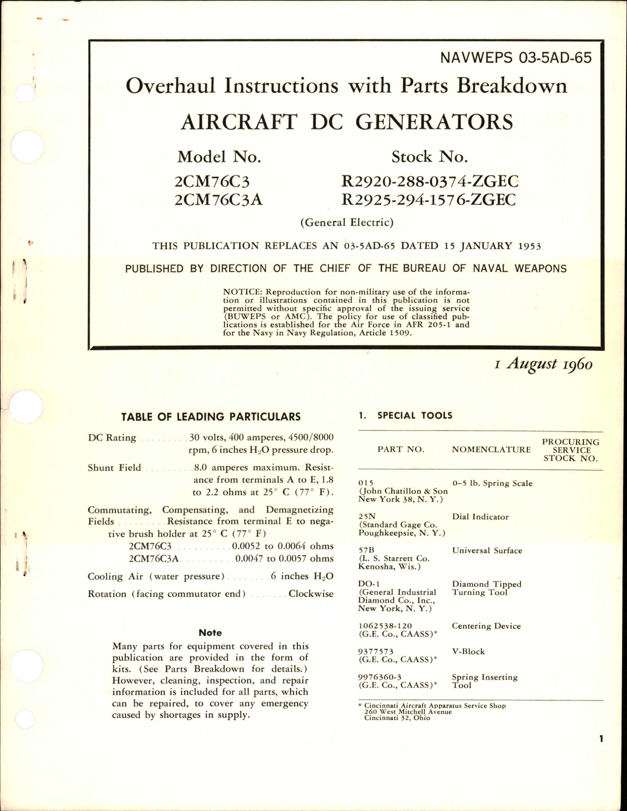 Sample page 1 from AirCorps Library document: Overhaul Instructions with Parts Breakdown for D-C Generators - Models 2CM76C3, and 2CM76C3A