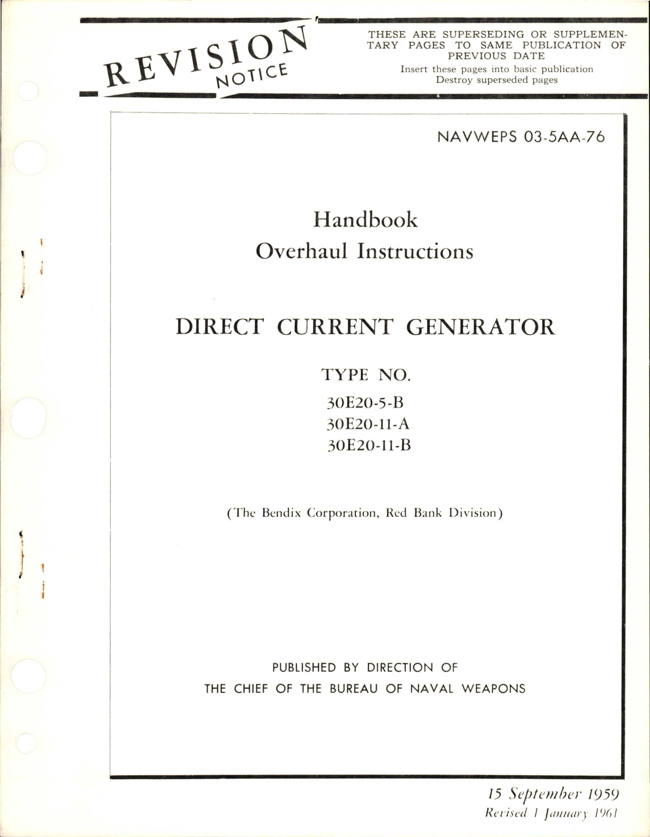 Sample page 1 from AirCorps Library document: Overhaul Instructions for Direct Current Generator - Type 30E20-5-B, 30E20-11-A, and 30E20-11-B