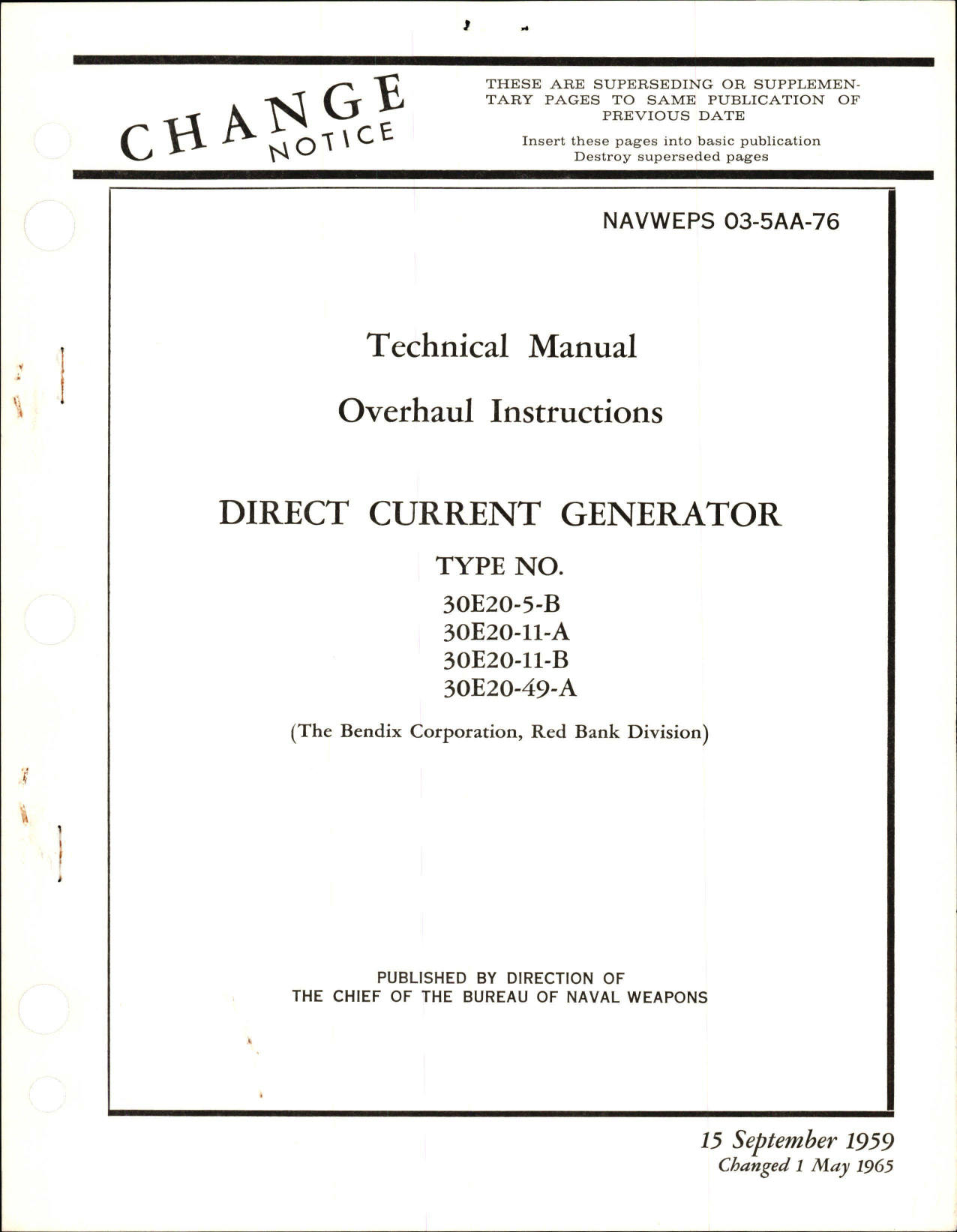 Sample page 1 from AirCorps Library document: Overhaul Instructions for Direct Current Generator - Type 30E20-5-B, 30E20-11-A, 30E20-11-B, and 30E20-49-A