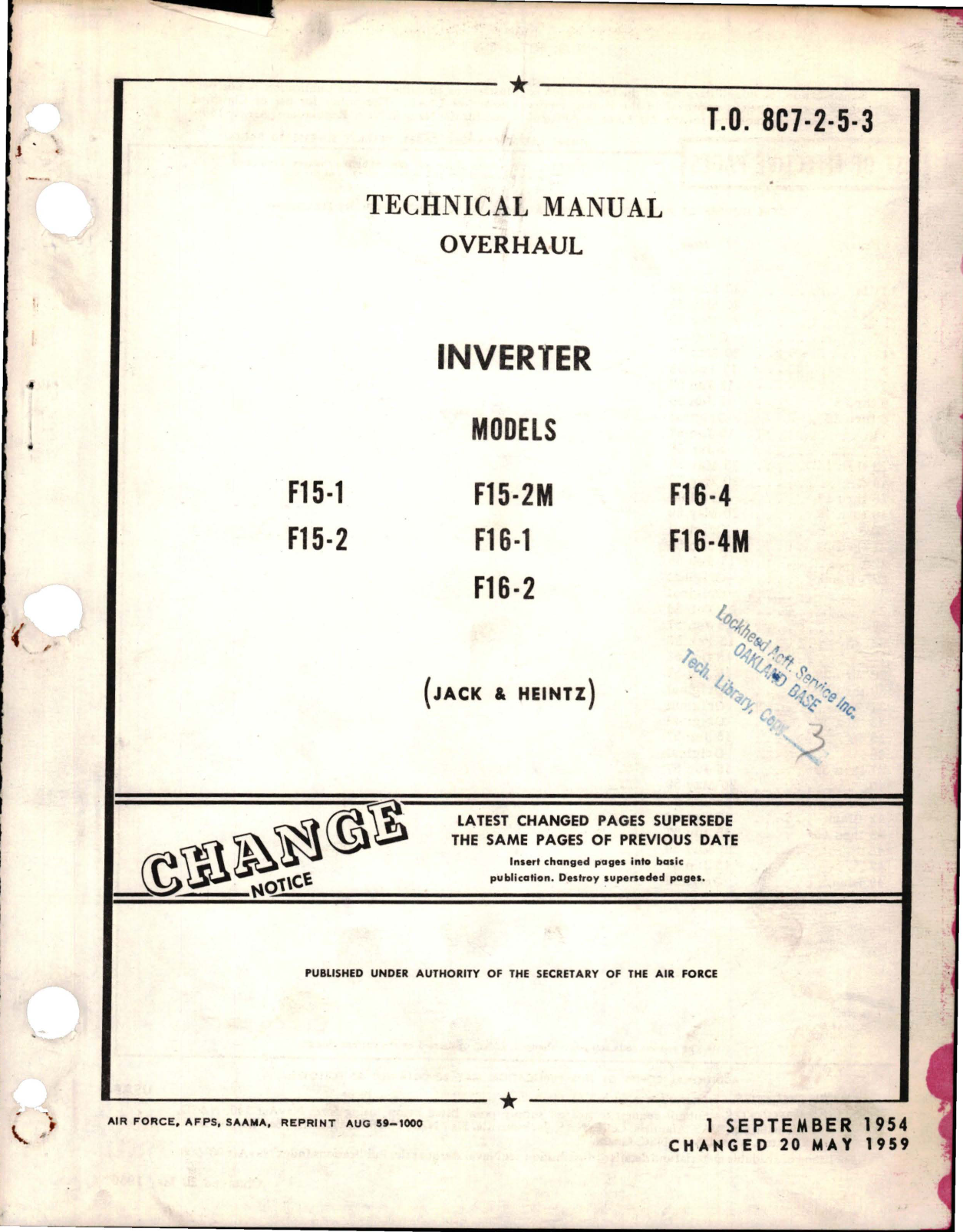 Sample page 1 from AirCorps Library document: Overhaul Manual for Inverter - Models F15-1, F15-2, F15-2M, F16-1, F16-2, F16-4, and F16-4M