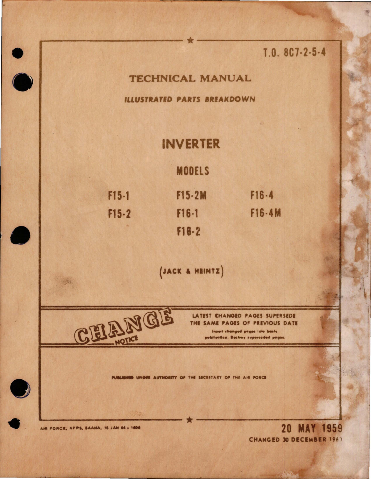 Sample page 1 from AirCorps Library document: Illustrated Parts Breakdown for Inverter - Models F15-1, F15-2, F15-2M, F16-1, F16-2, F16-4, and F16-4M