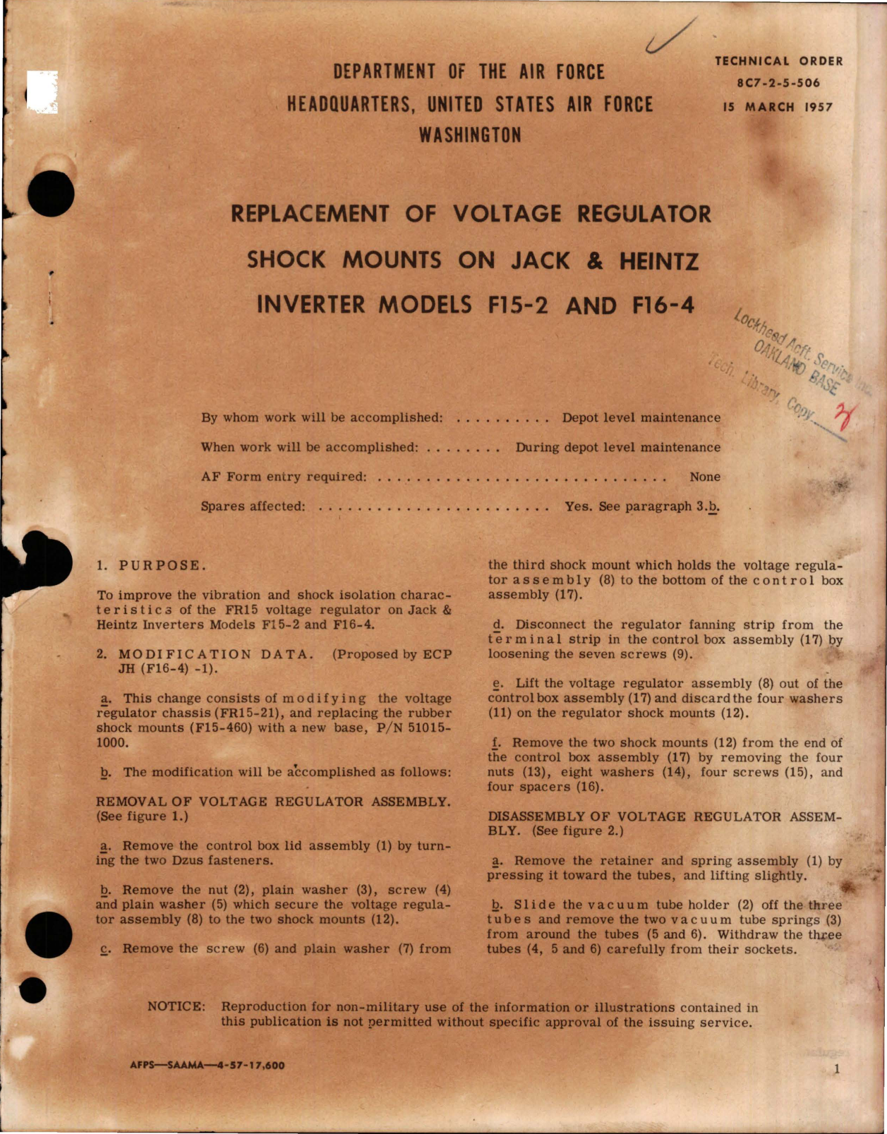 Sample page 1 from AirCorps Library document: Replacement of Voltage Regulator Shock Mounts on Inverter - Models F15-2 and F16-4
