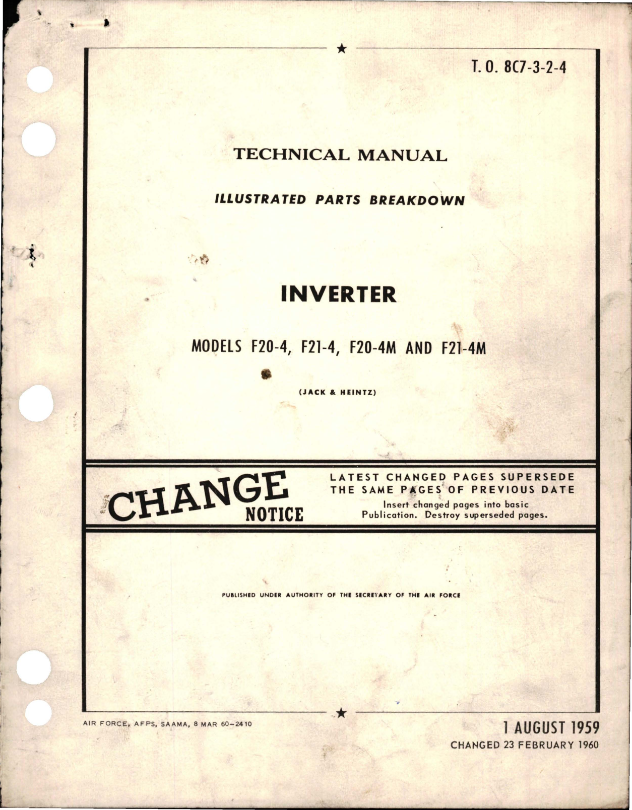 Sample page 1 from AirCorps Library document: Illustrated Parts Breakdown for Inverter - Models F20-4, F21-4, F20-4M, and F21-4M 