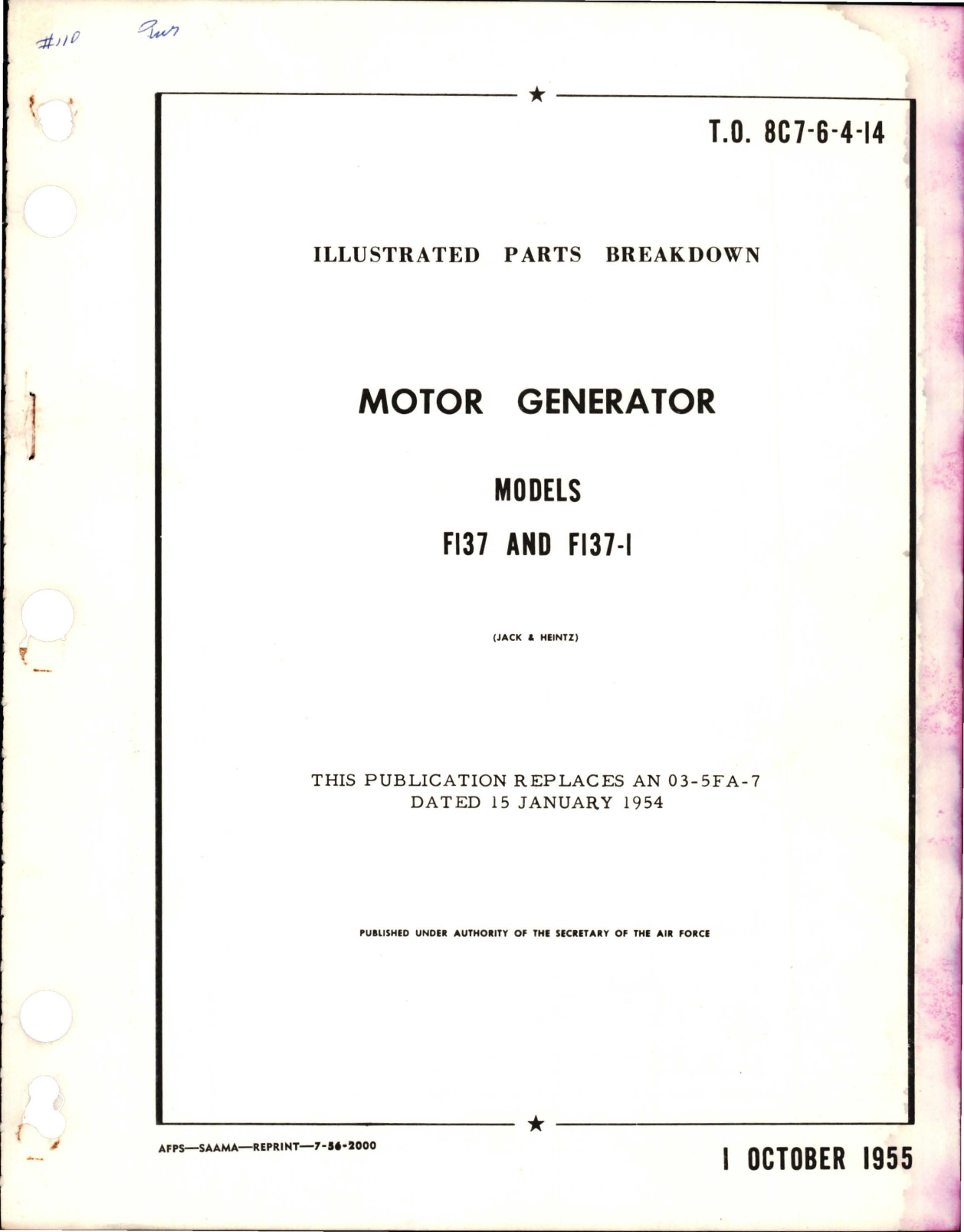 Sample page 1 from AirCorps Library document: Illustrated Parts Breakdown for Motor Generator - Models F137 and F137-1