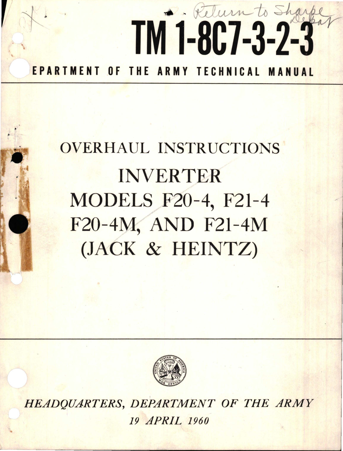 Sample page 1 from AirCorps Library document: Overhaul Instructions for Inverter - Models F20-4, F21-4, F20-4M, and F21-4M