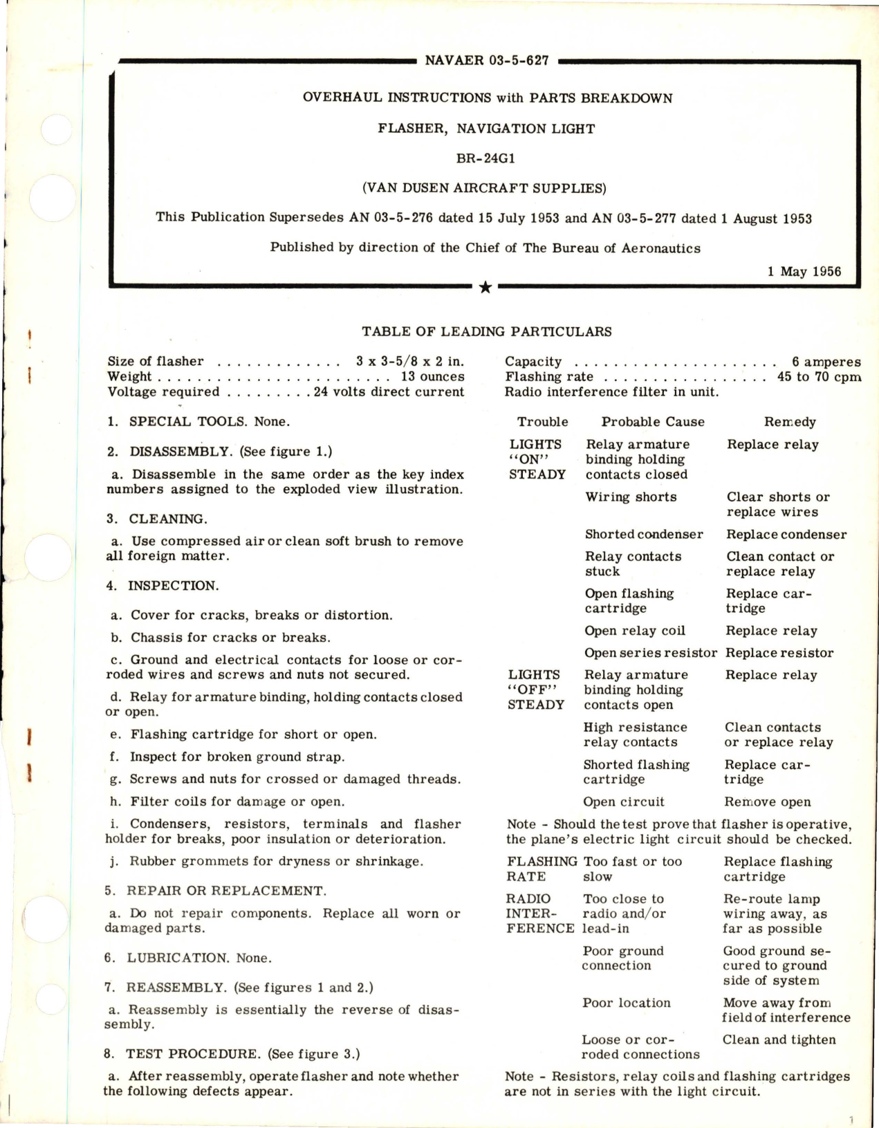 Sample page 1 from AirCorps Library document: Overhaul Instructions with Parts Breakdown for Navigation Light Flasher - BR-24G1