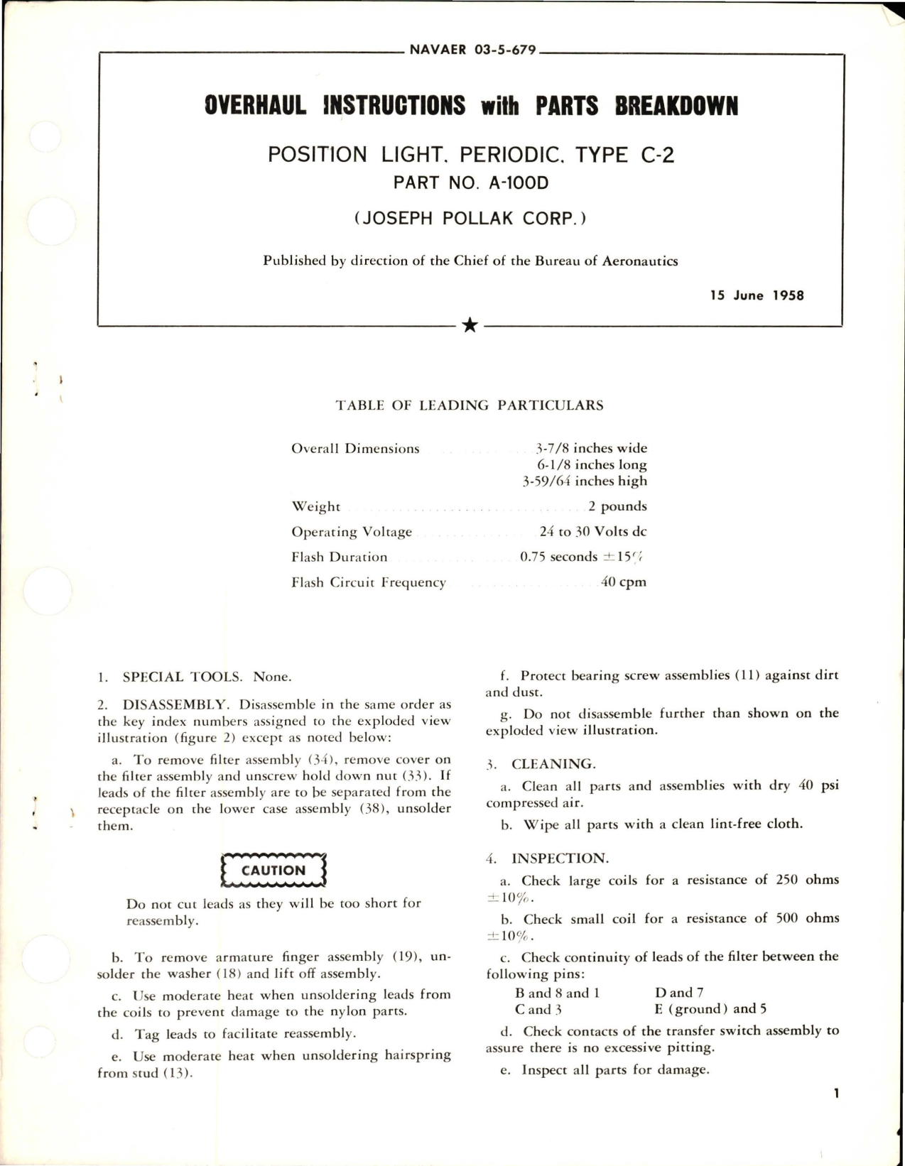 Sample page 1 from AirCorps Library document: Overhaul Instructions with Parts Breakdown for Periodic Position Light - Type C-2 - Part A-100D 