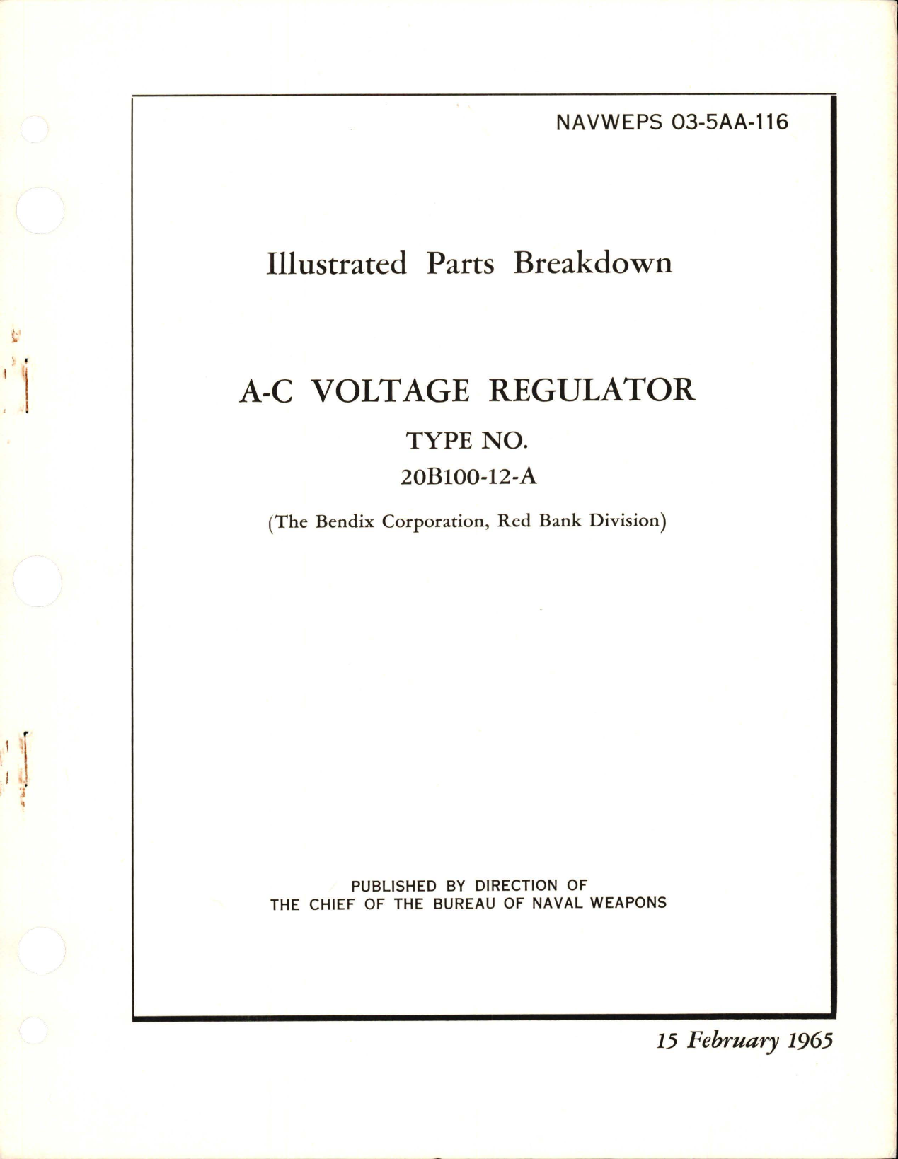 Sample page 1 from AirCorps Library document: Illustrated Parts Breakdown for A-C Voltage Regulator - Type 20B100-12-A