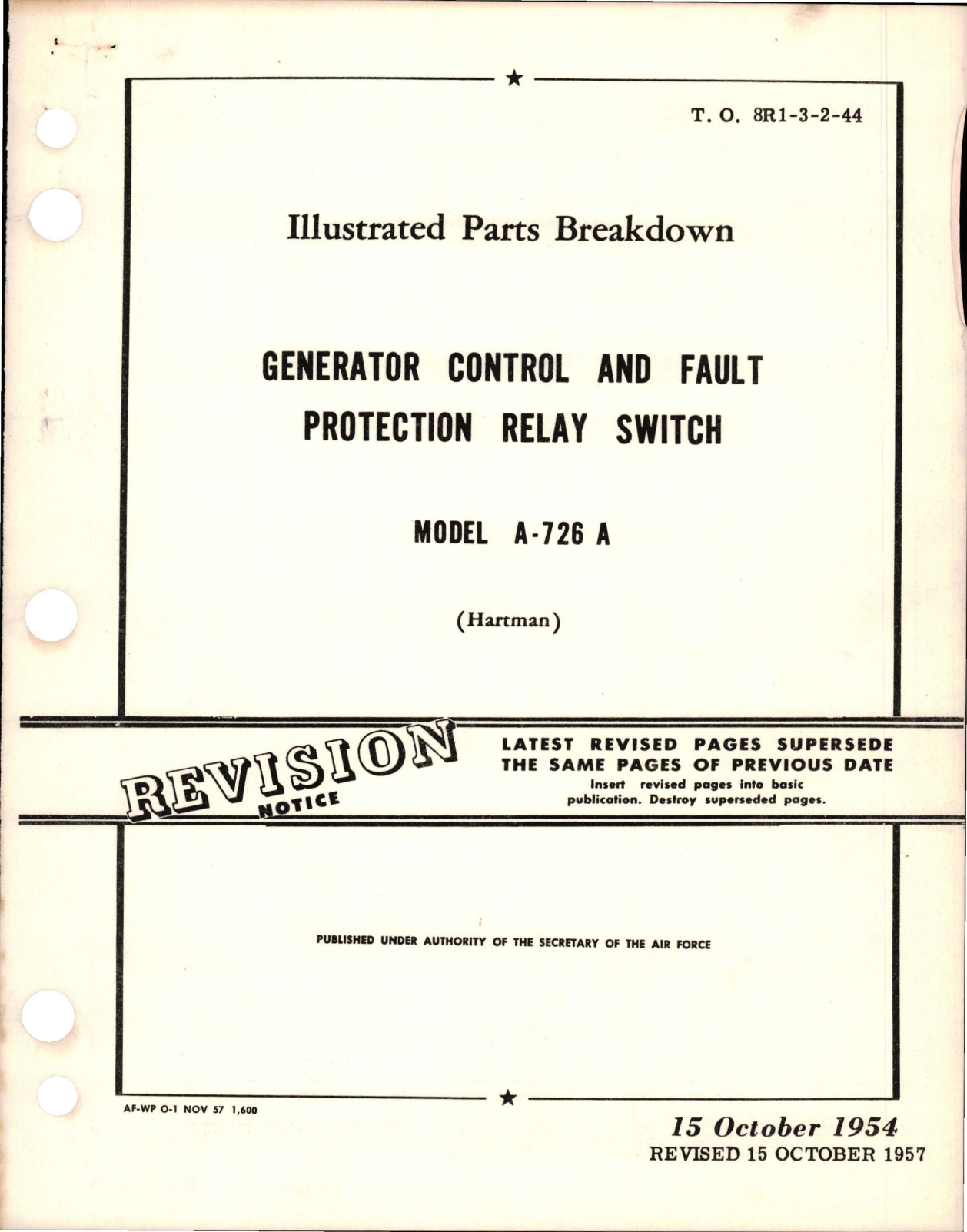 Sample page 1 from AirCorps Library document: Illustrated Parts Breakdown for Generator Control & Fault Protection Relay Switch - Model A-726 A