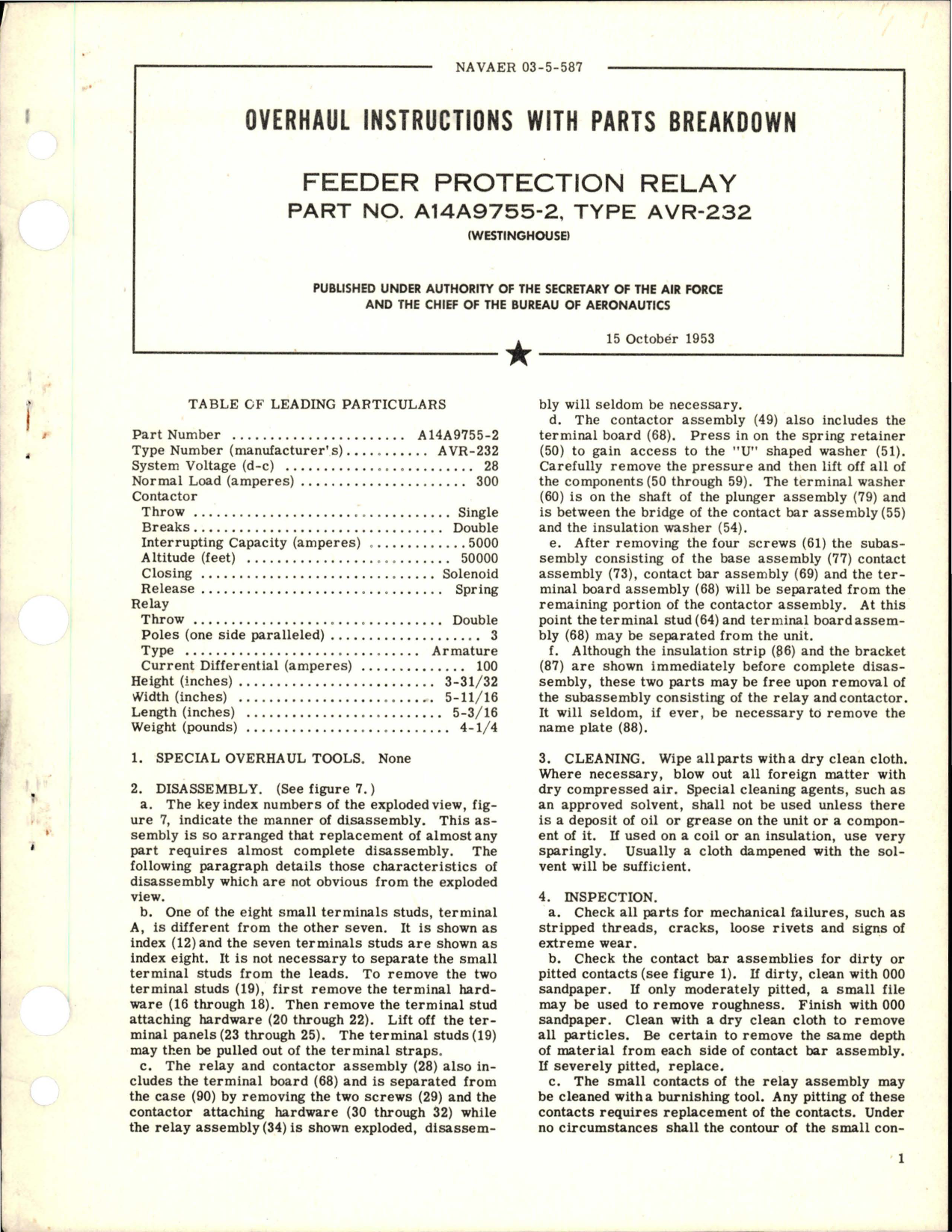 Sample page 1 from AirCorps Library document: Overhaul Instructions with Parts Breakdown for Feeder Protection Relay - Part A14A9755-2 - Type AVR-232