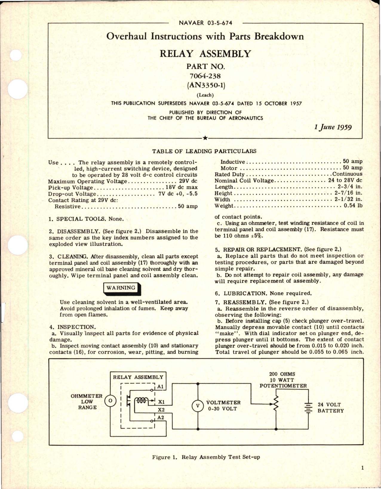 Sample page 1 from AirCorps Library document: Overhaul Instructions with Parts Breakdown for Relay Assembly - Part 7064-238 and AN3350-1