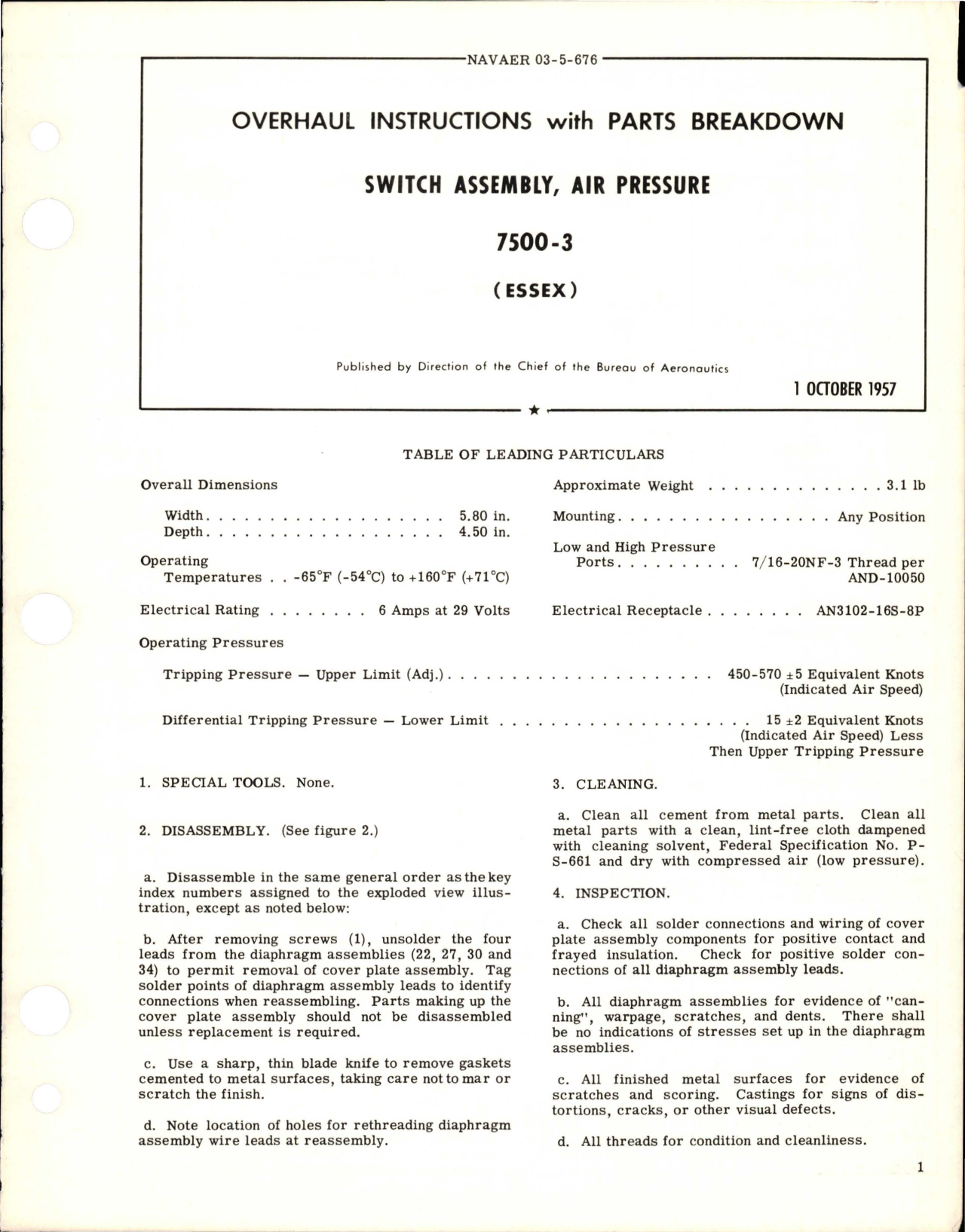 Sample page 1 from AirCorps Library document: Overhaul Instructions with Parts Breakdown for Air Pressure Switch Assembly - 7500-3