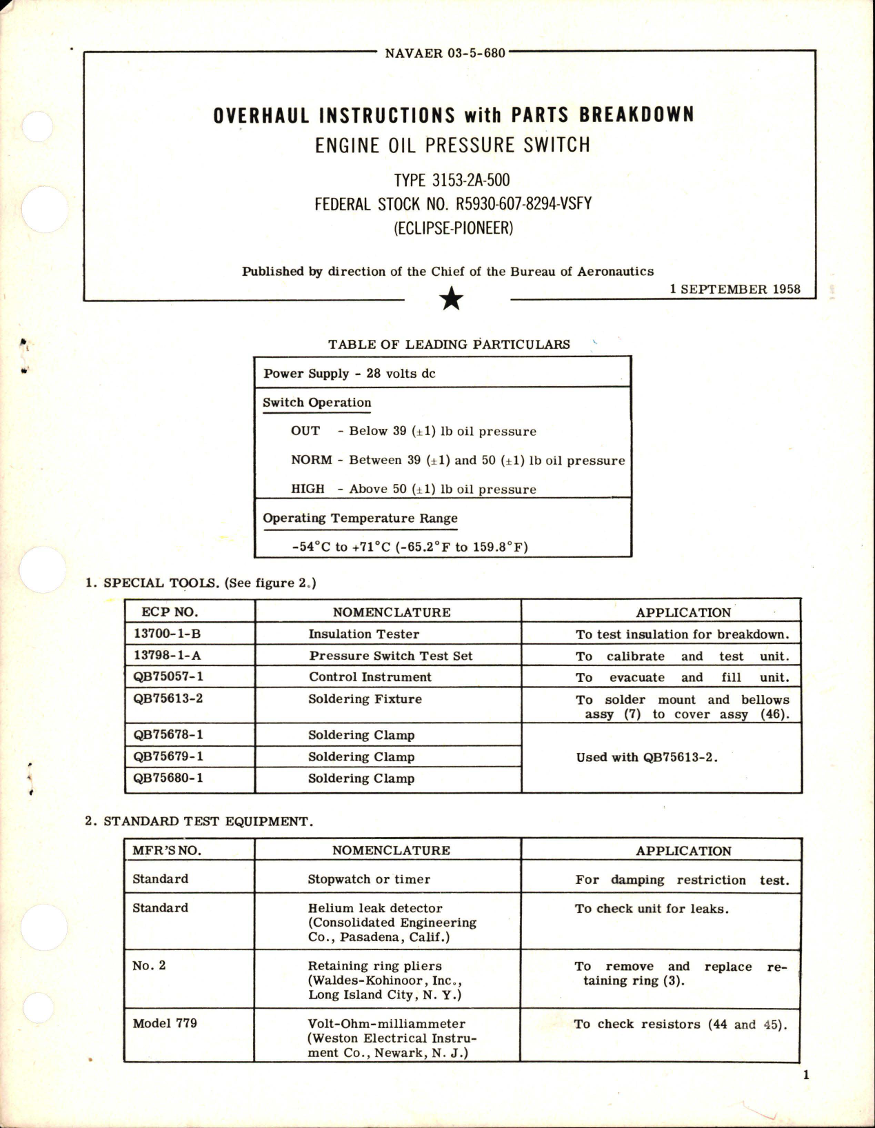 Sample page 1 from AirCorps Library document: Overhaul Instructions with Parts Breakdown for Engine Oil Pressure Switch - Type 3153-2A-500